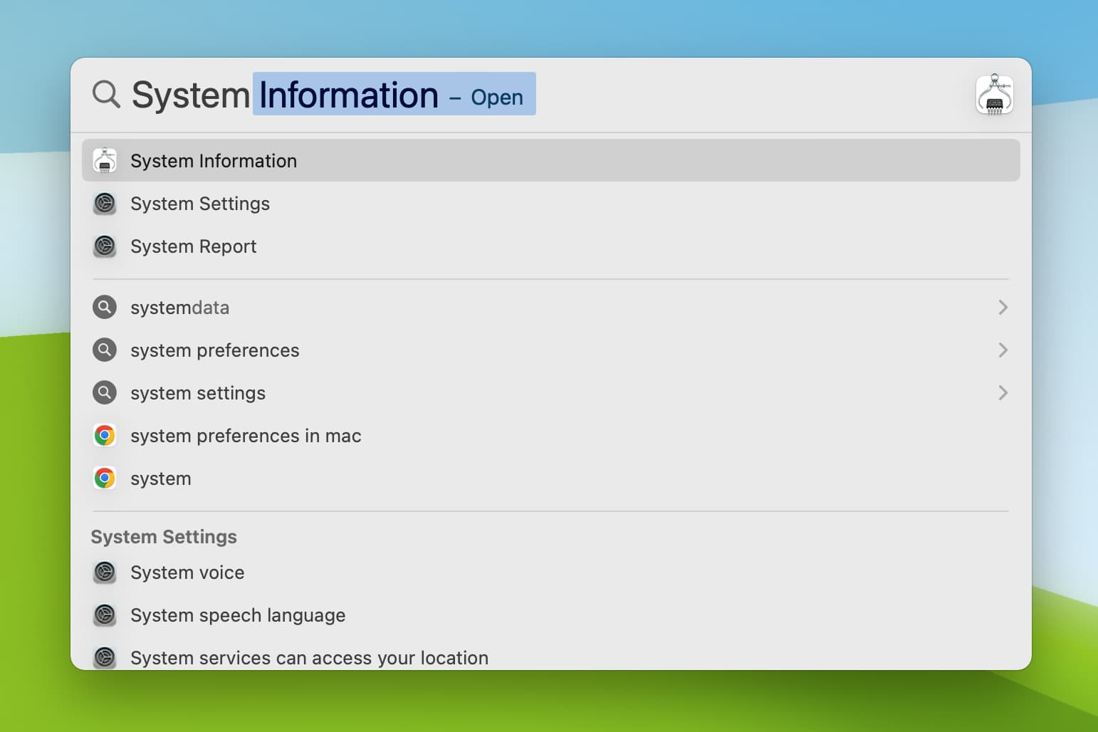 Open System Information using Spotlight on Mac