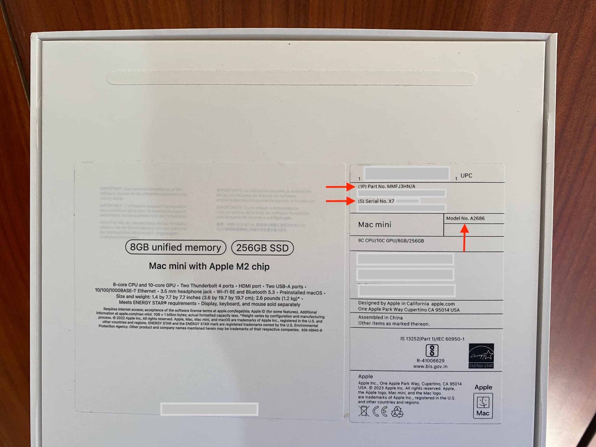 Part number, serial number, and model number visible on Mac's original box