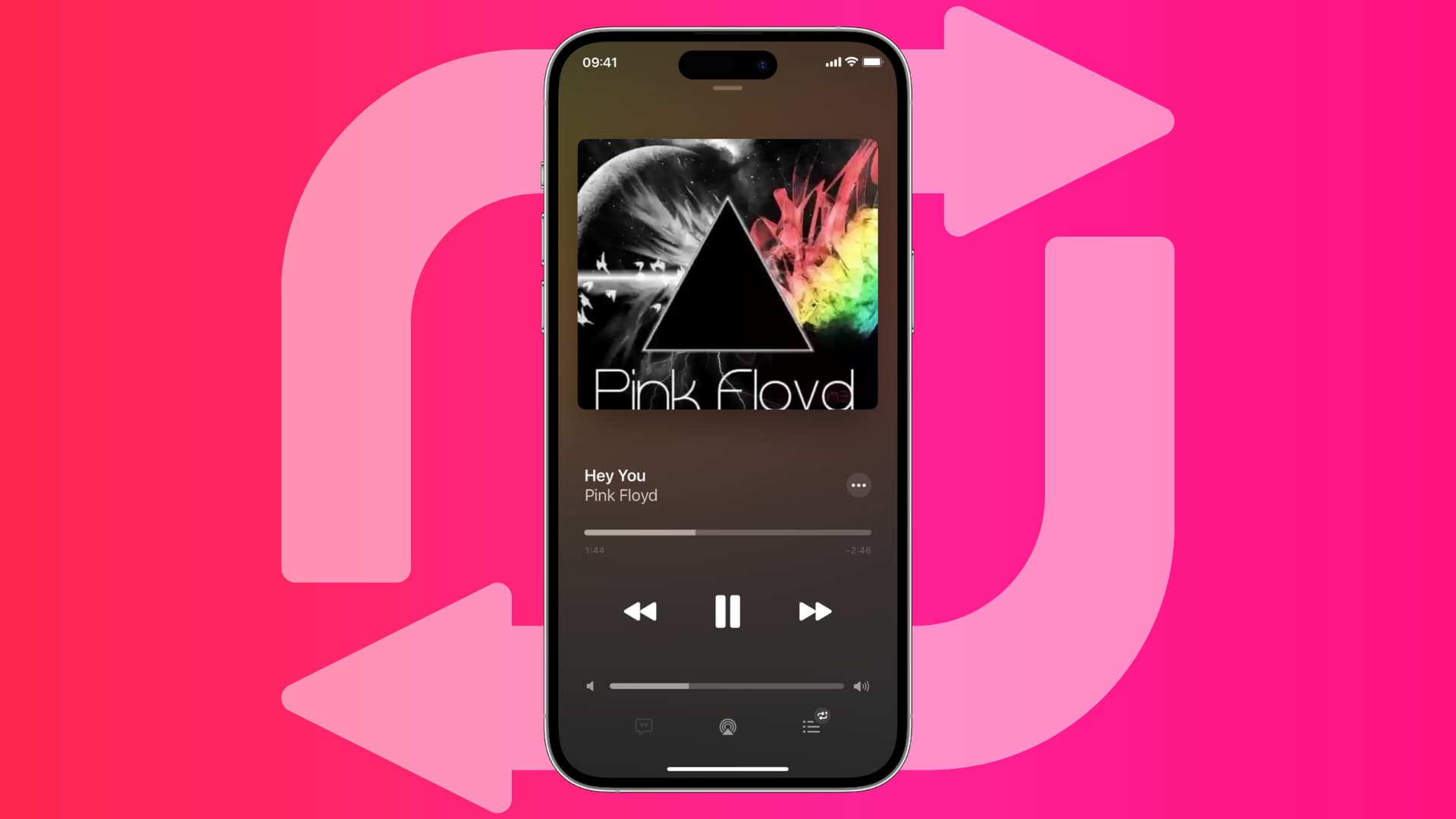 iPhone Music app showing the Now Playing screen with a repeat icon in the background