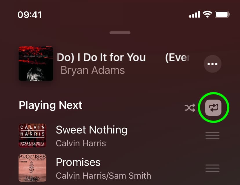 Repeat one song in iPhone Music app