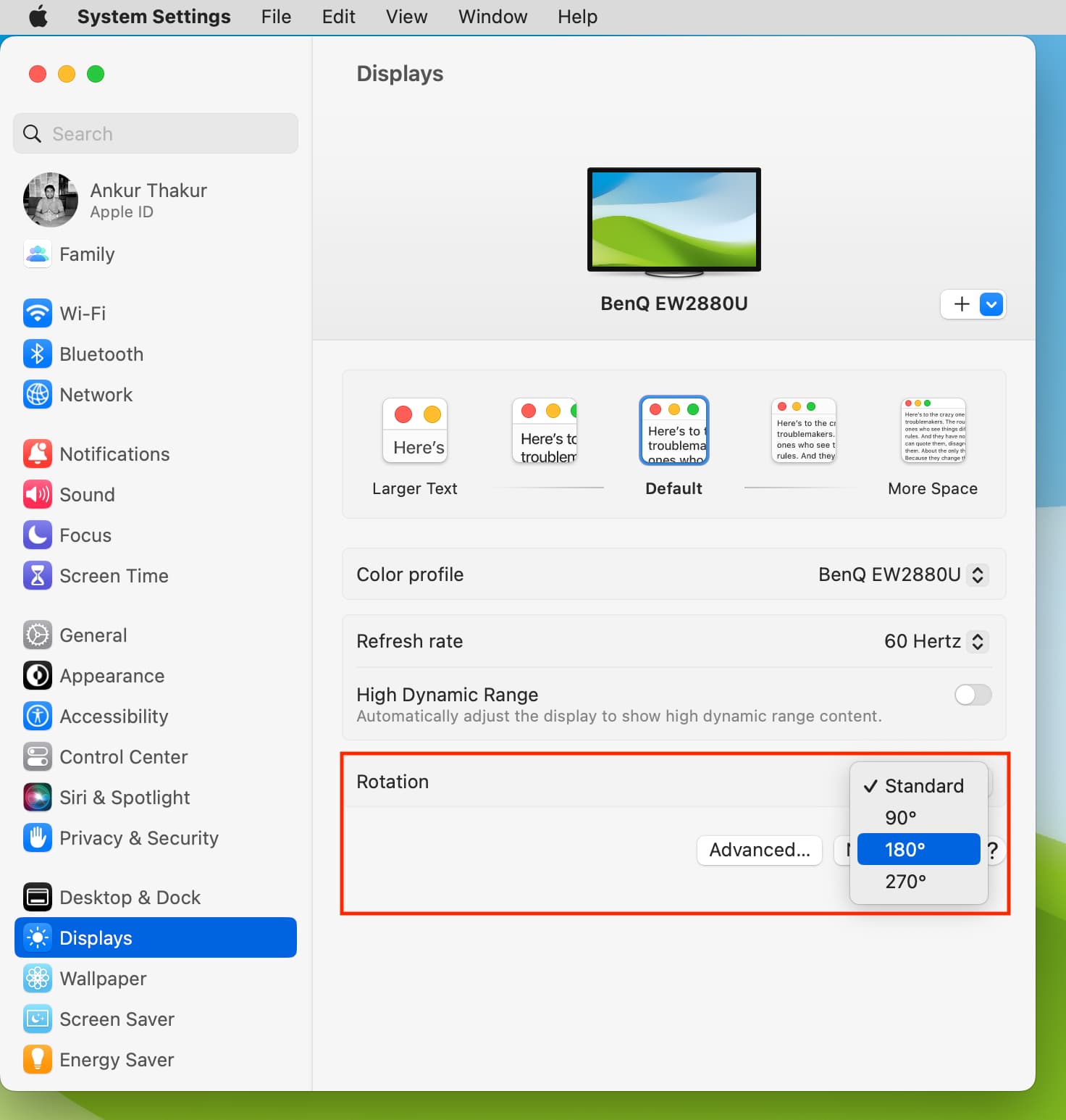 Rotation in Mac Display settings