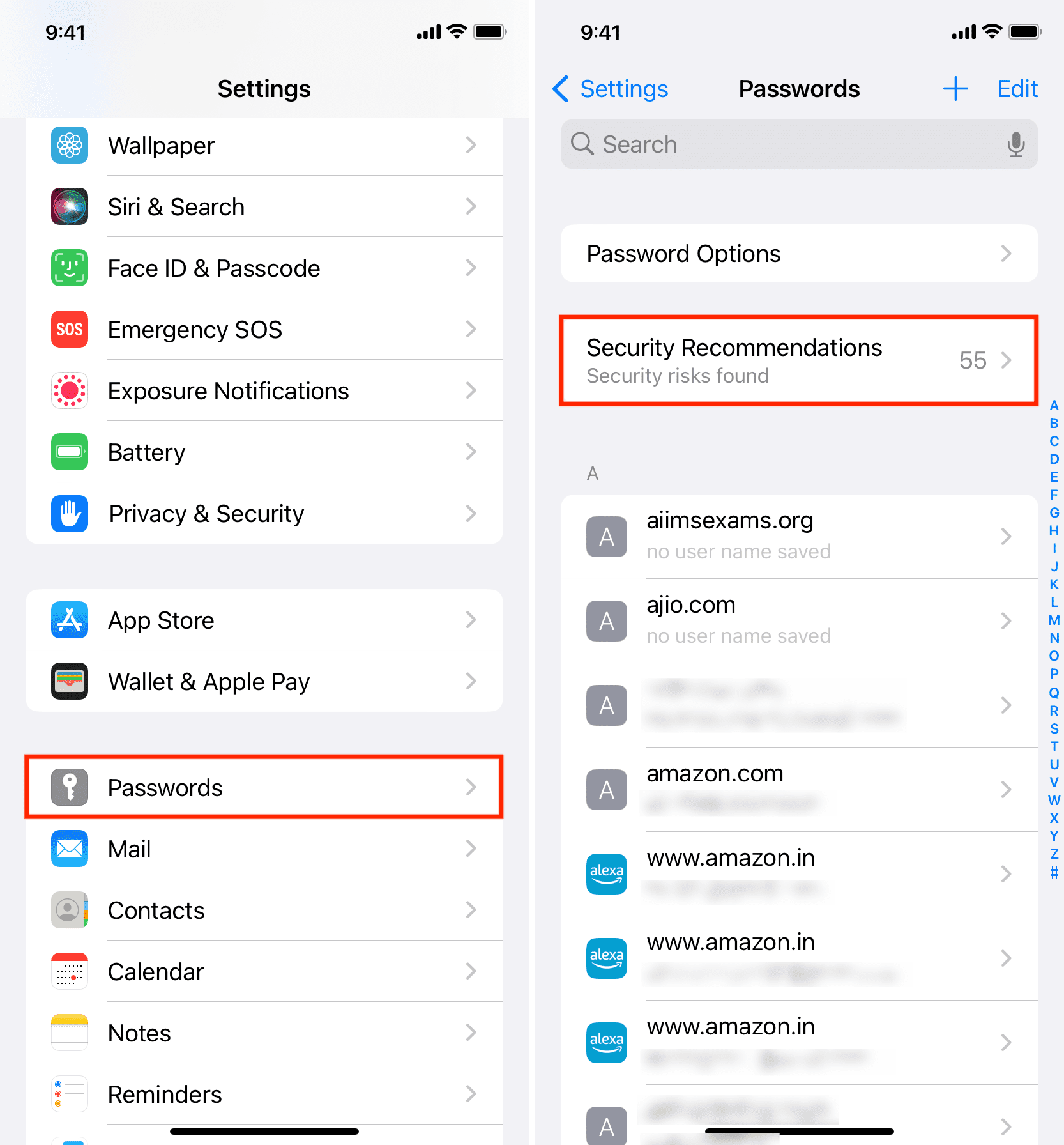 Security Recommendations in iPhone Passwords Settings