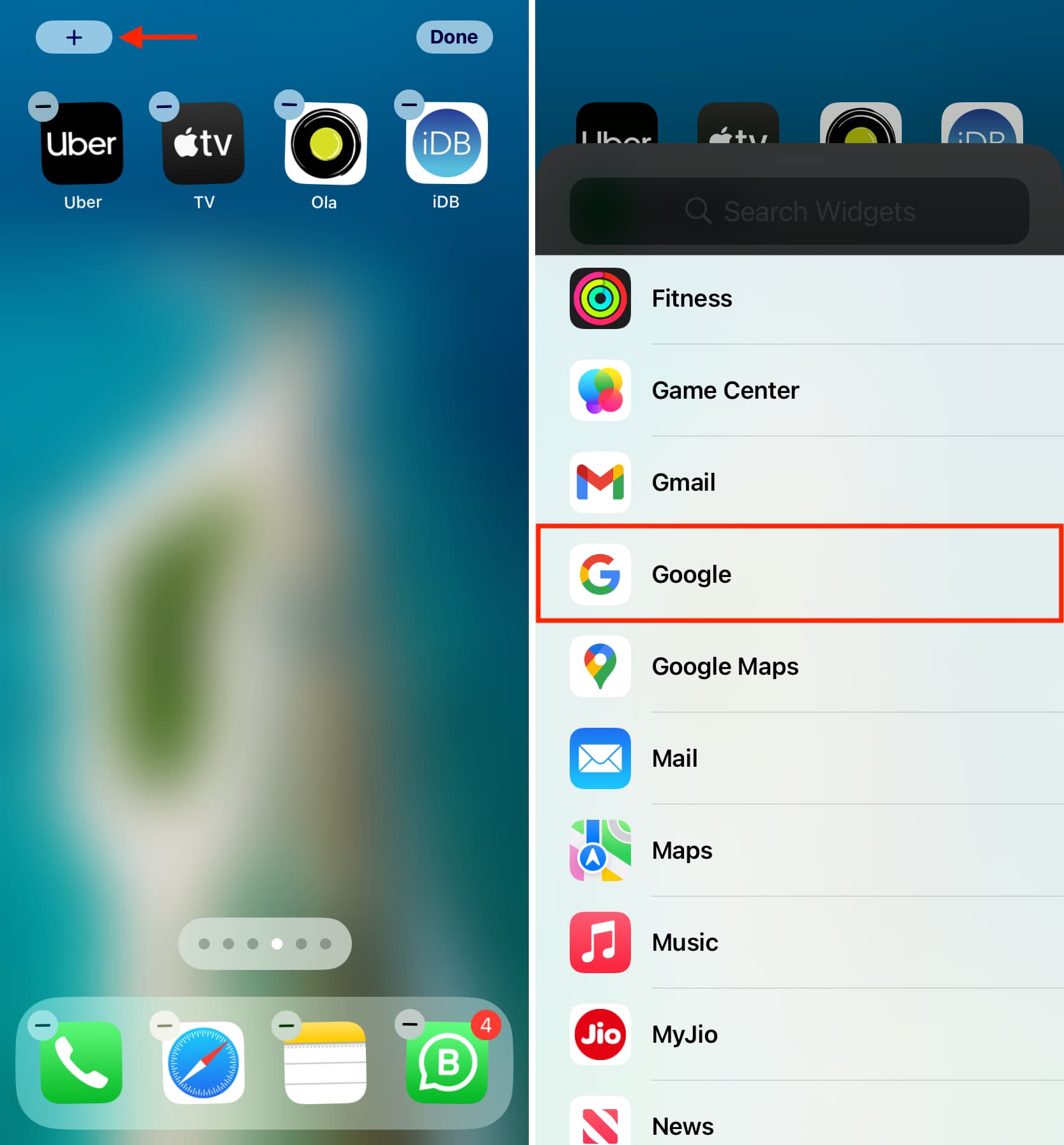 Select Google widgets to add to iPhone Home Screen