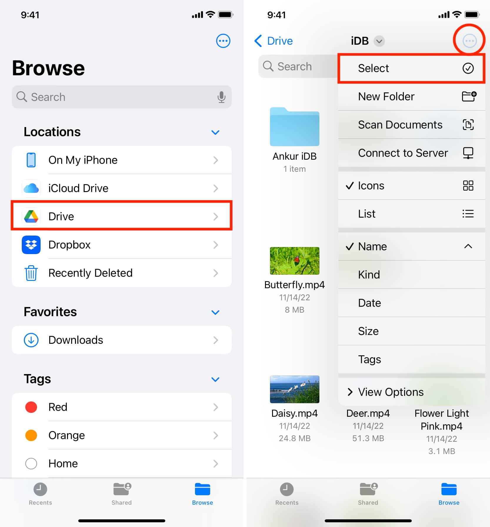 Select files inside Google Drive in iPhone Files app