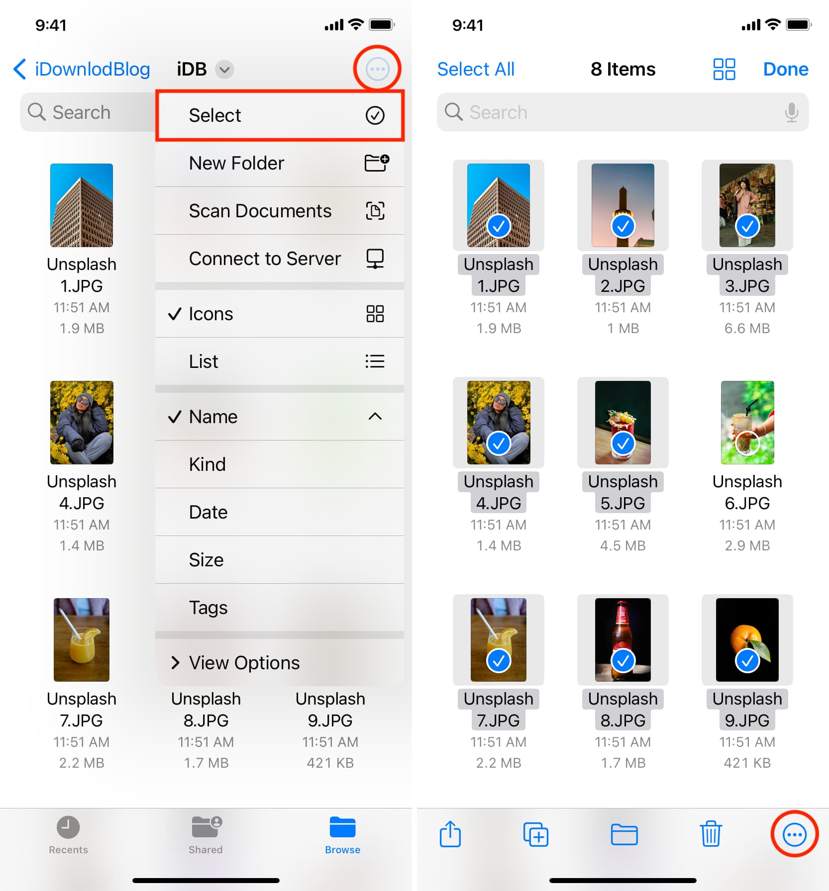 Select images in Files app and tap the more button