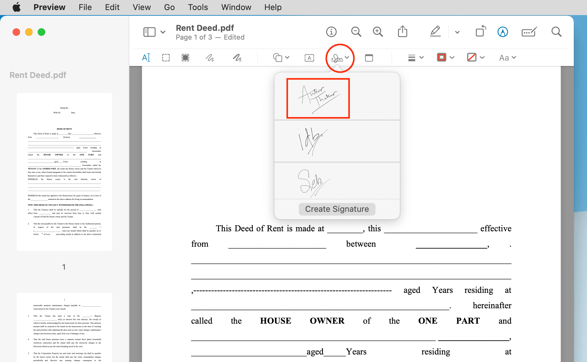 Select your signature to use in PDF on Mac