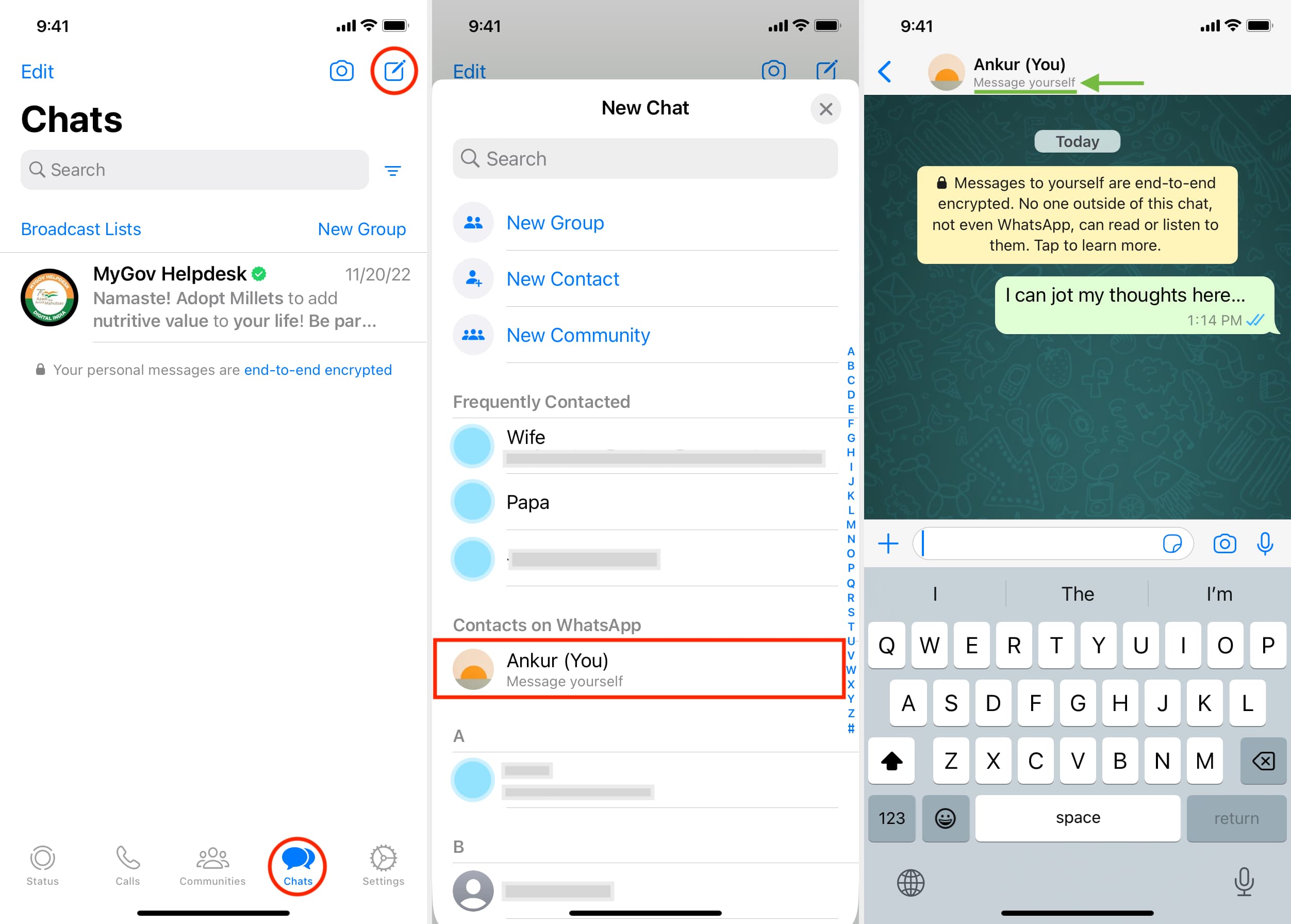 Three screenshots showing how to send message to yourself on WhatsApp
