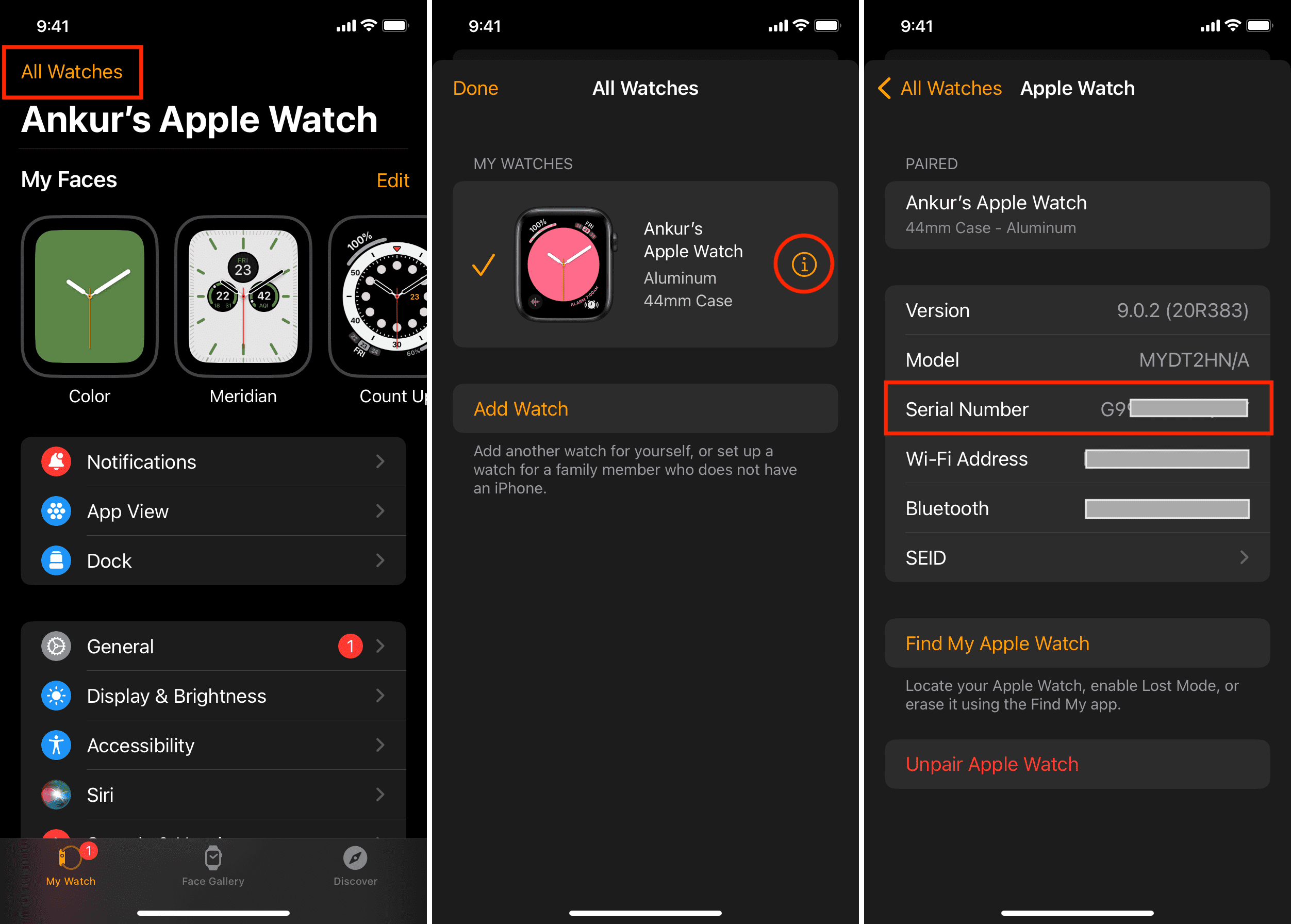 Find serial number of Apple Watch using the info button inside the Watch app