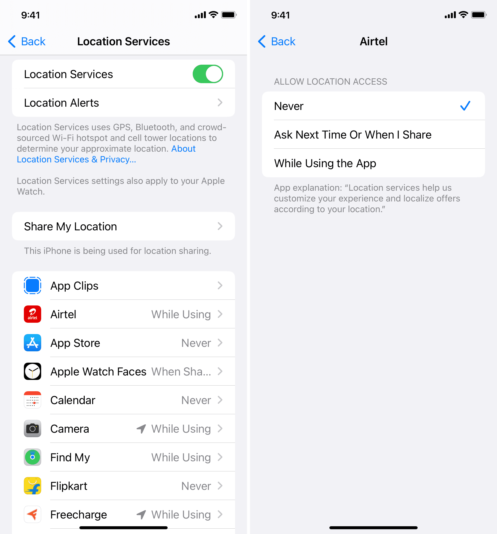 Set app location to Never from iPhone settings