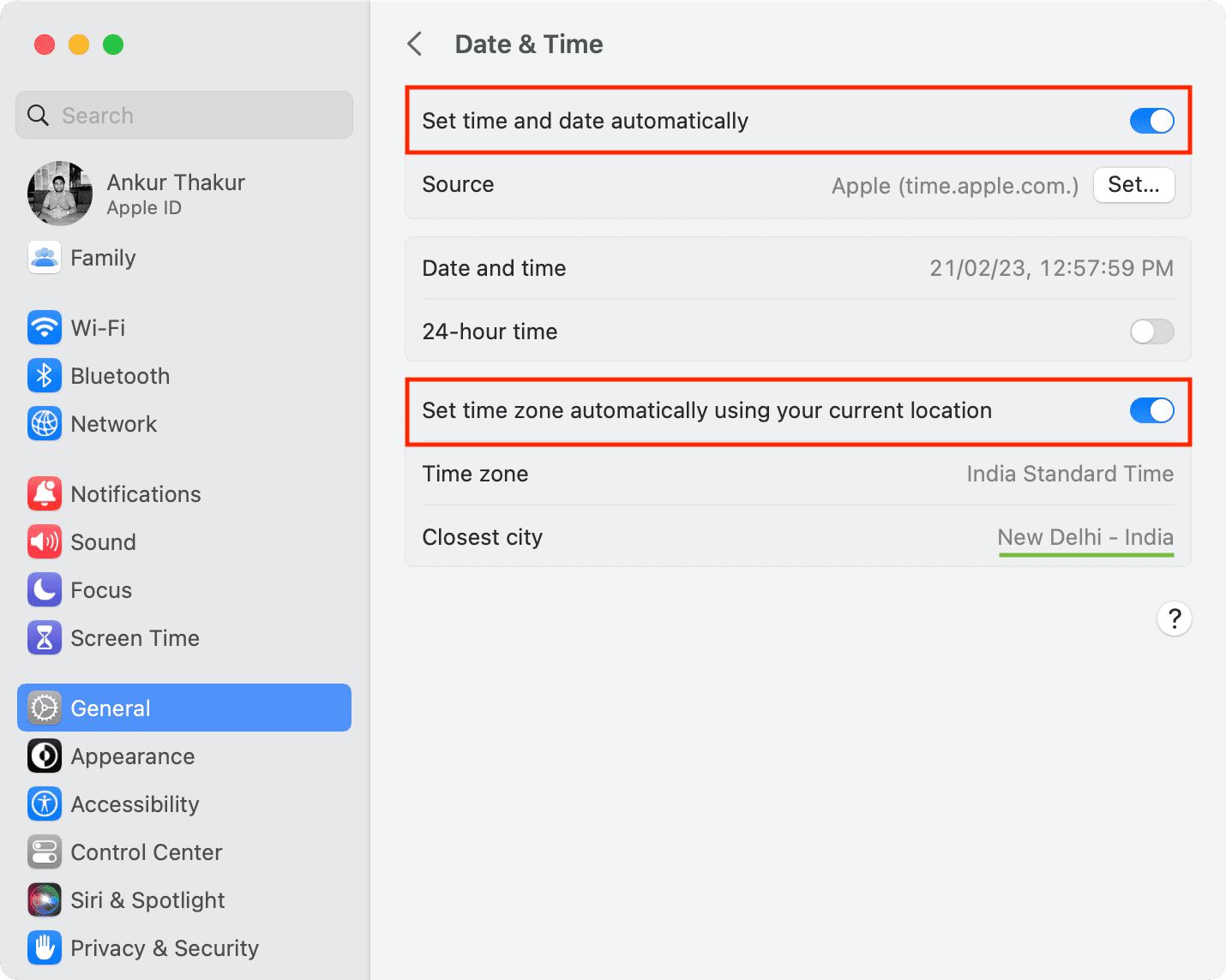 Set date, time, and time zone automatically on Mac from System Settings