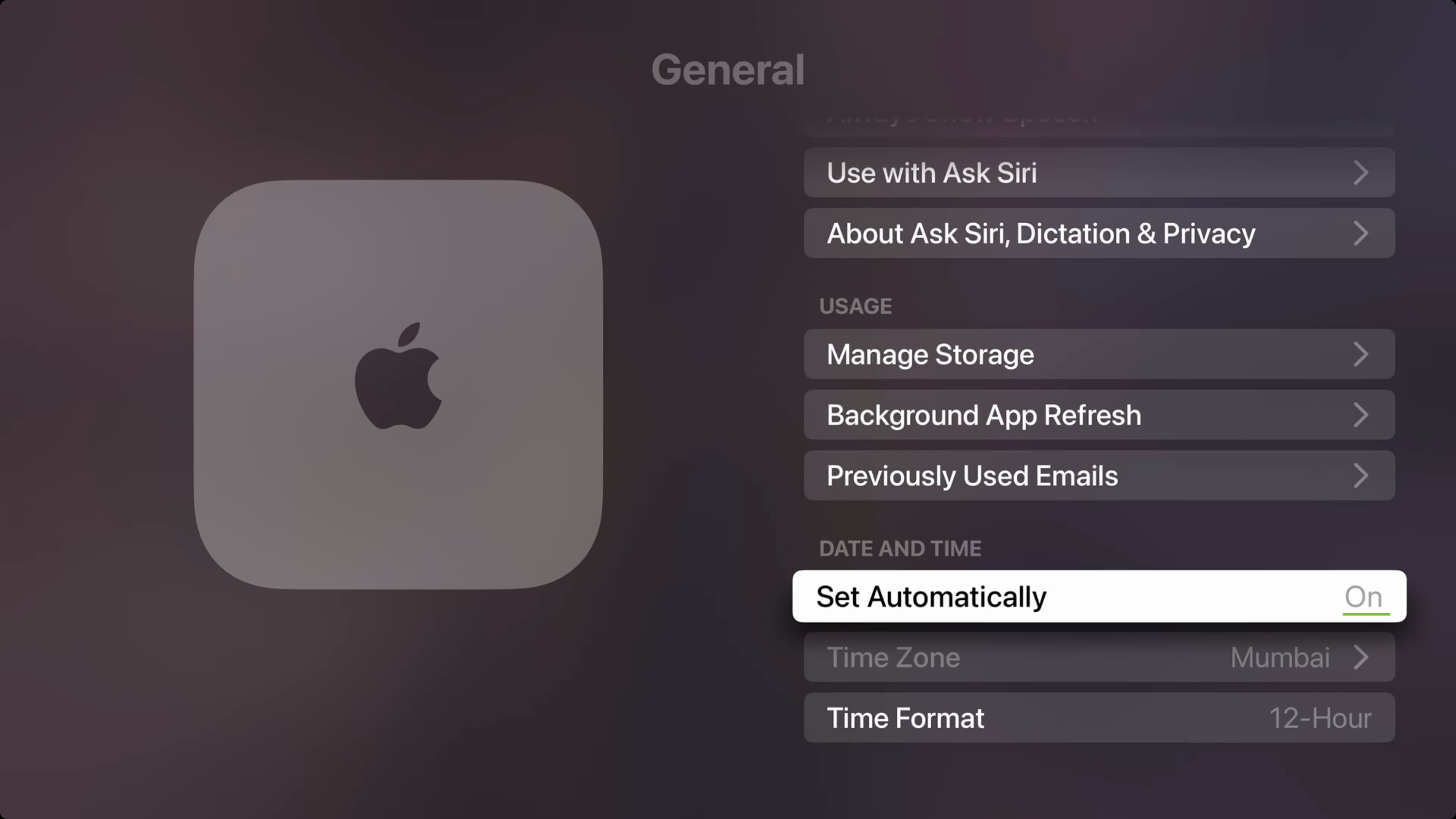 Set time automatically on Apple TV