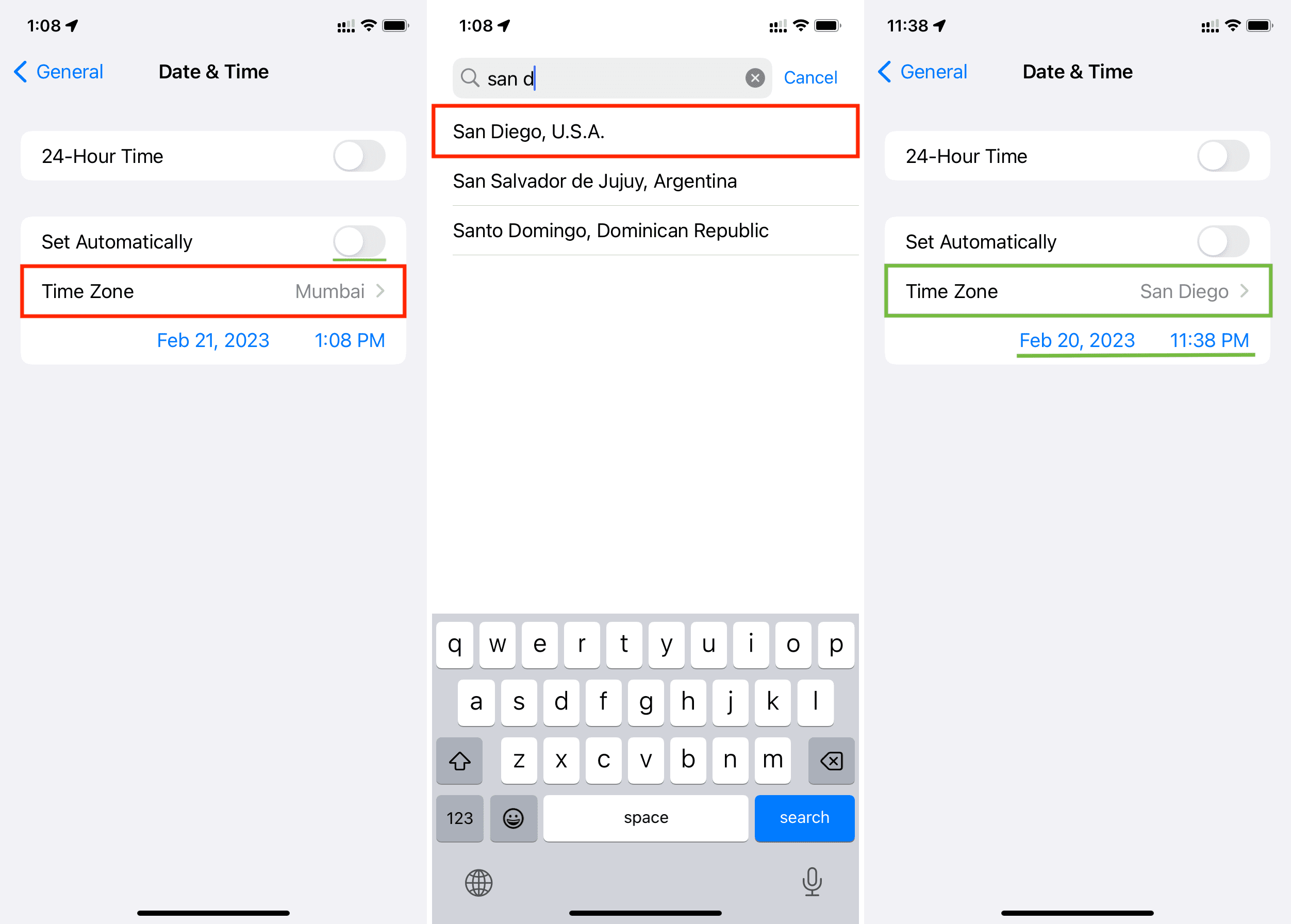 Three iPhone screenshots showing how to set time. date, and time zone manually