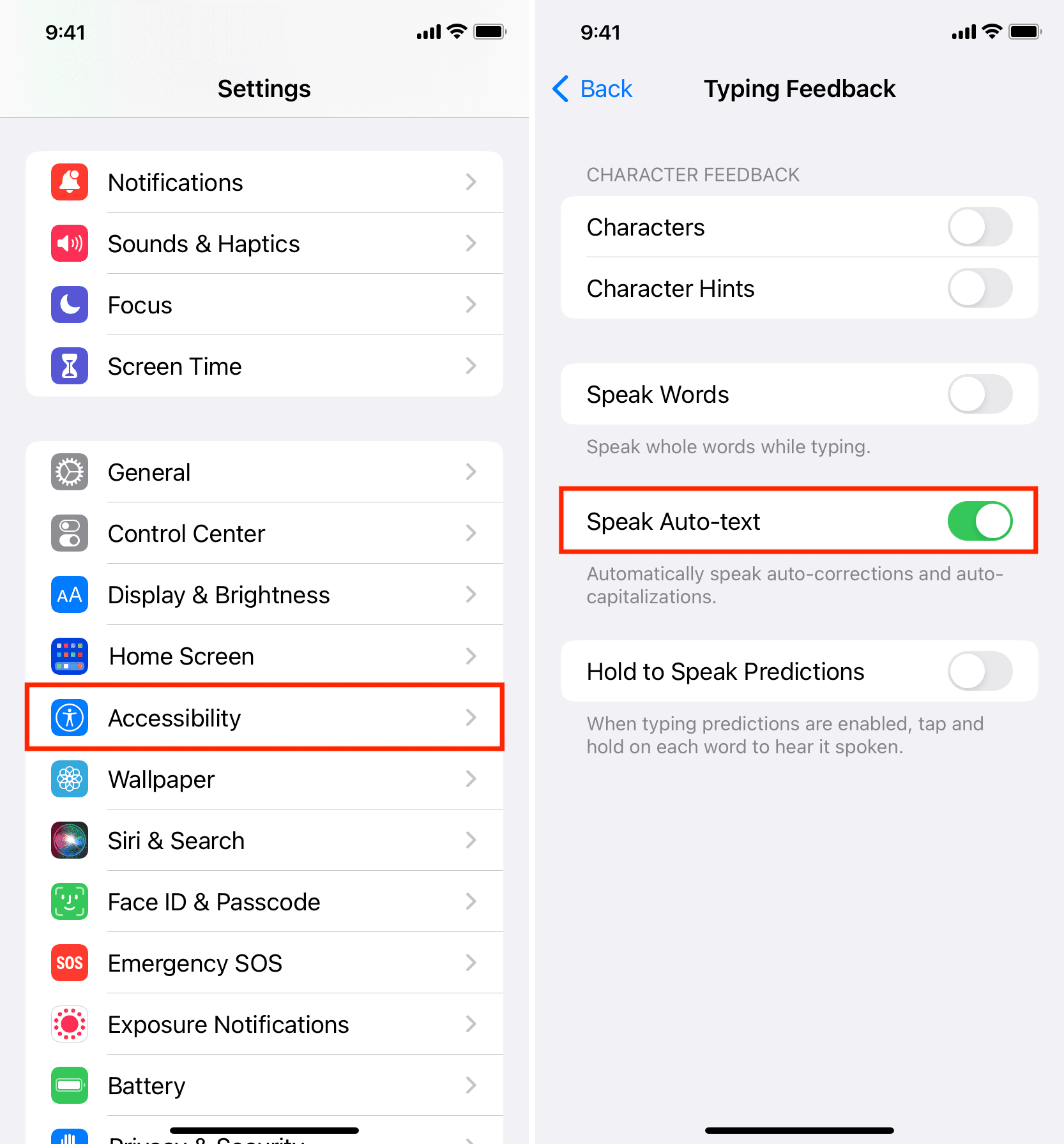Speak Auto-Text enabled in iPhone Accessibility settings