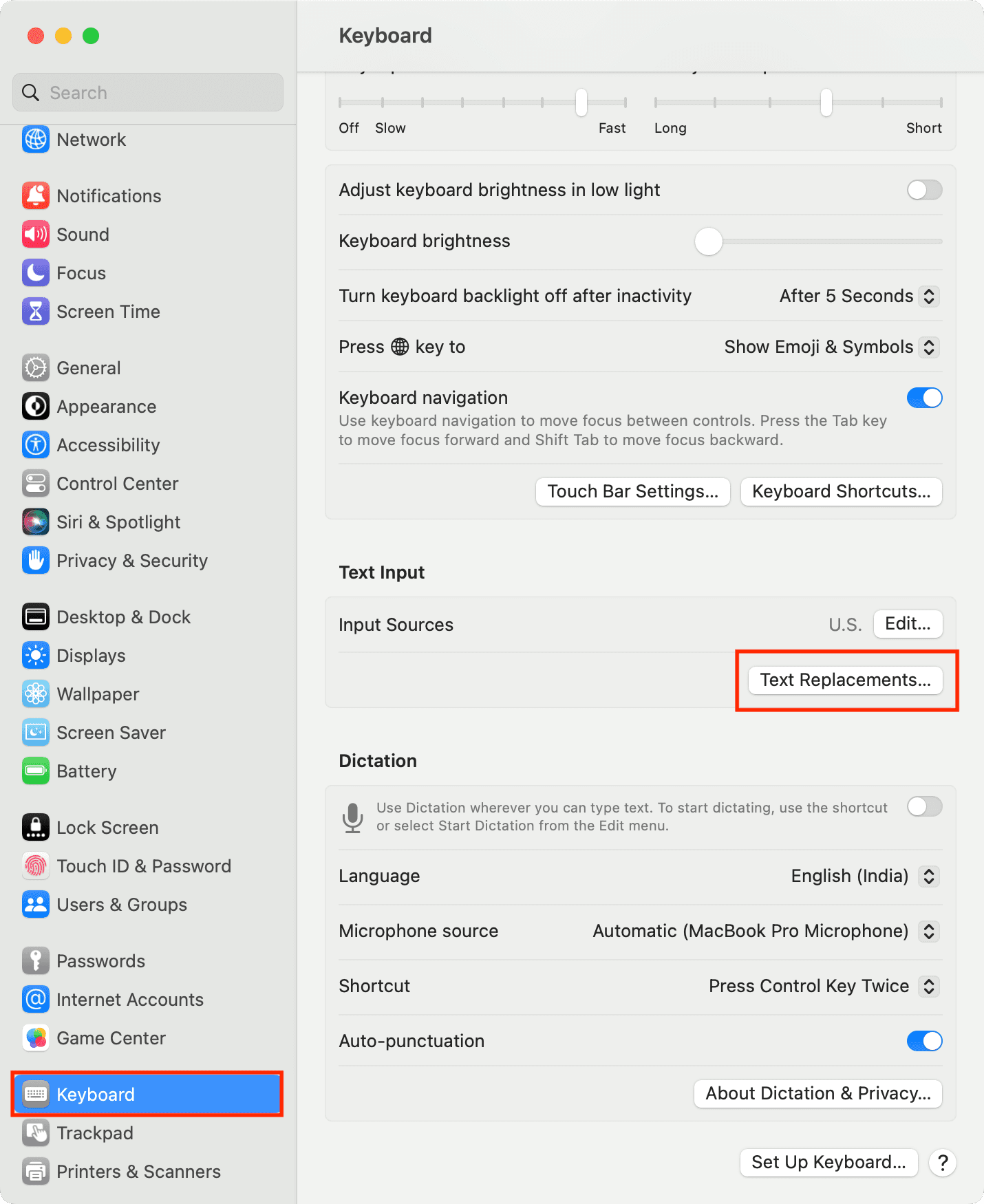 Text Replacements in Mac keyboard settings