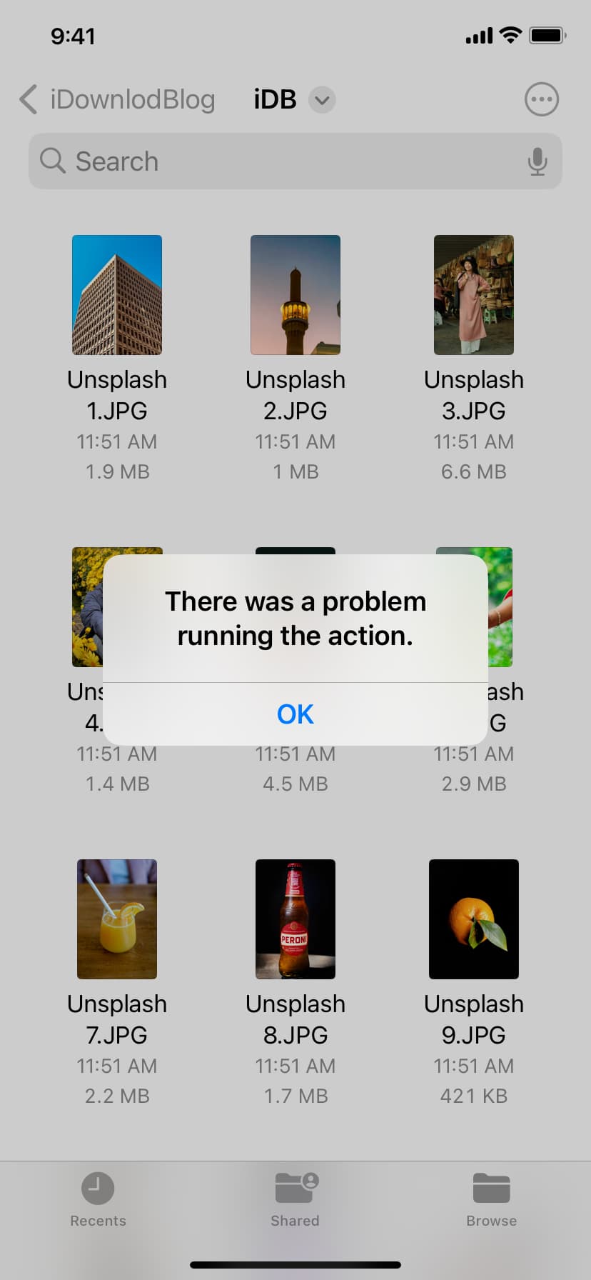 There was a problem running the action error in iPhone Files app