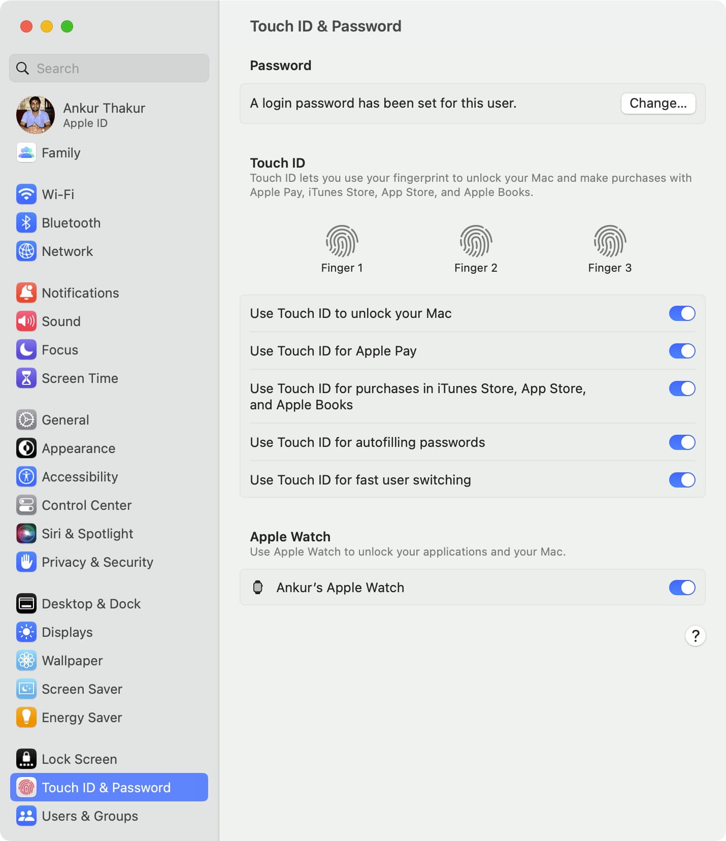 Touch ID settings on Mac