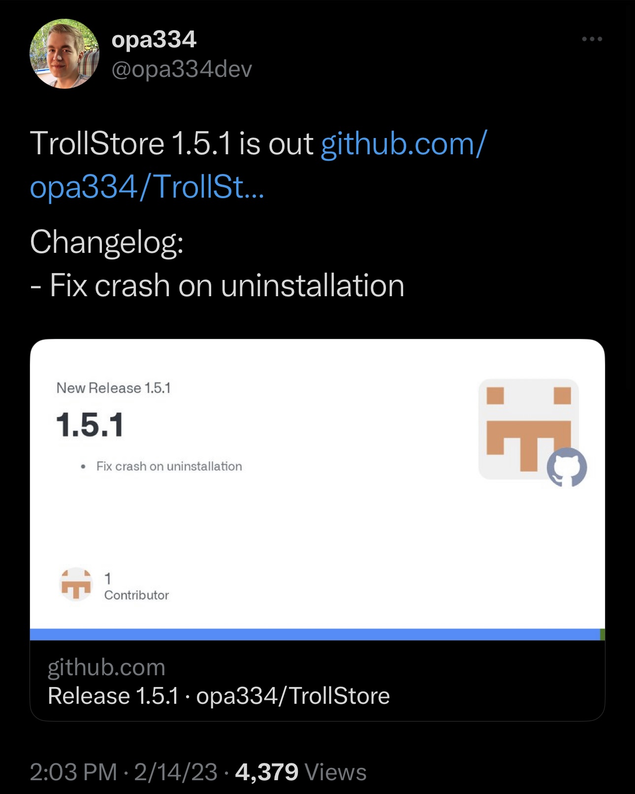 TrollStore v1.5.1 announcement Tweet.