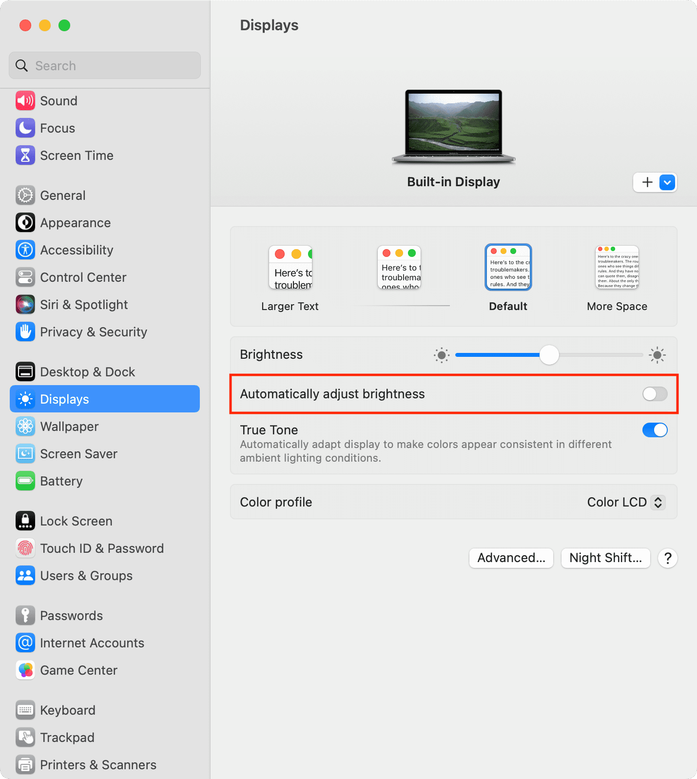 Turn off automatic brightness on MacBook