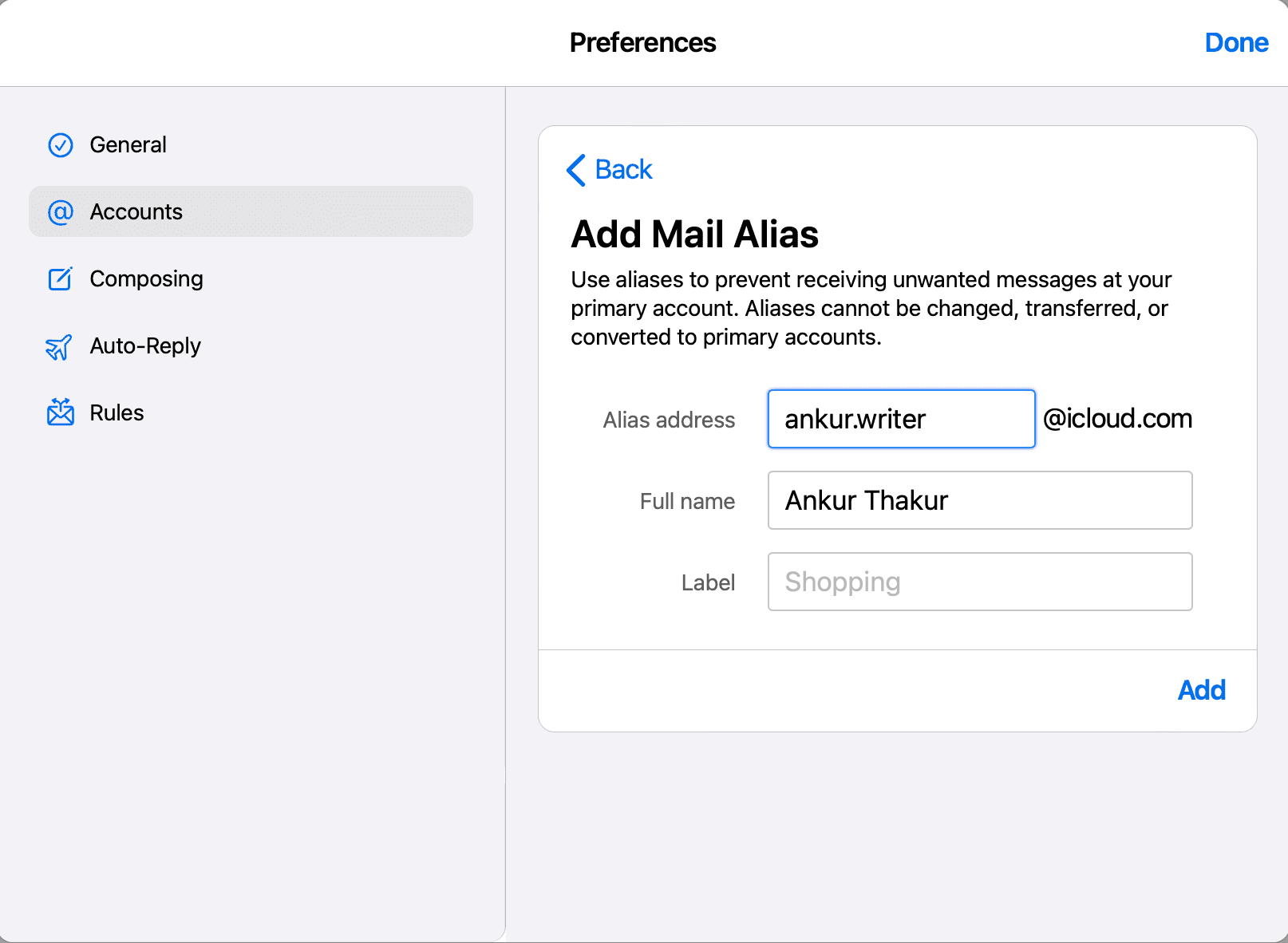 Type alias address on iCloud and add it