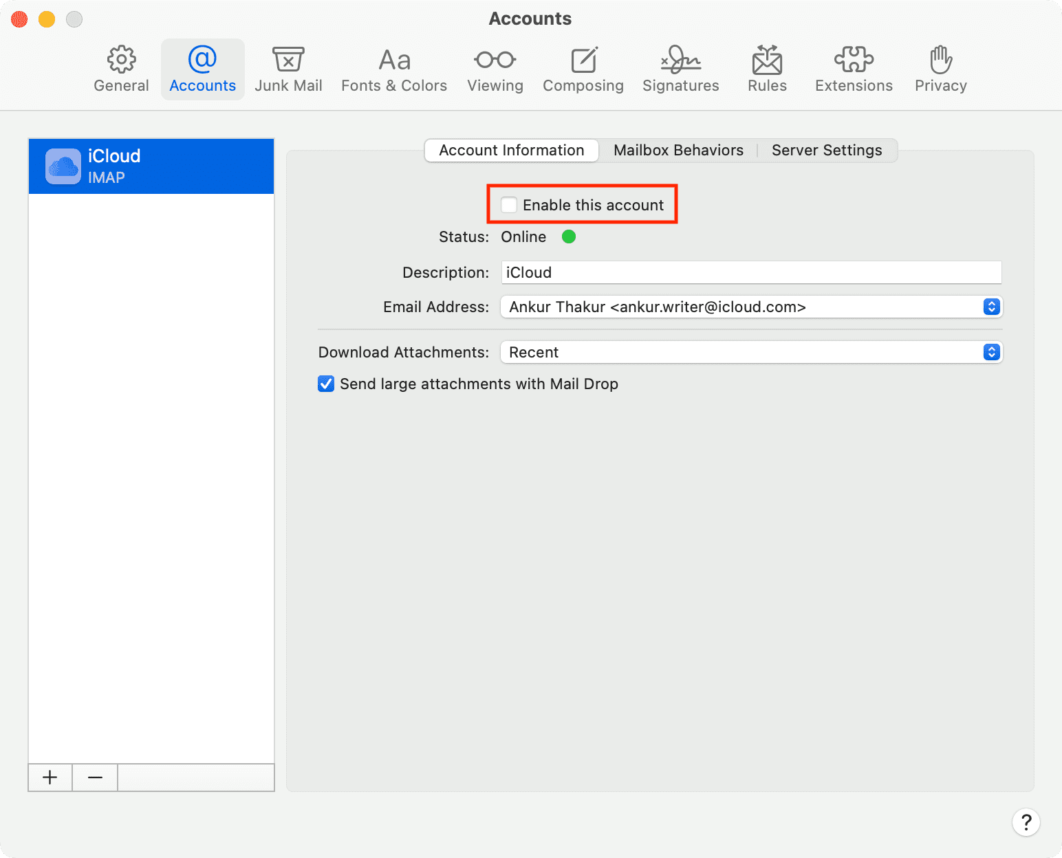 Uncheck 'Enable this account' in Mail app on Mac