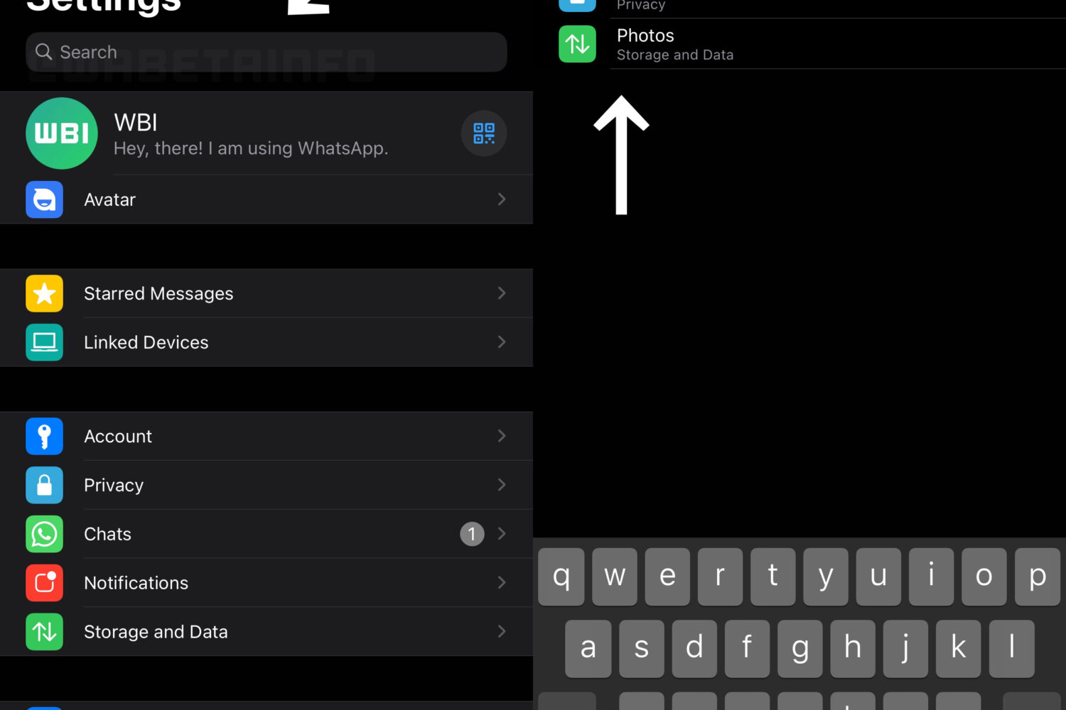 Using WhatsApp settings search on iPhone