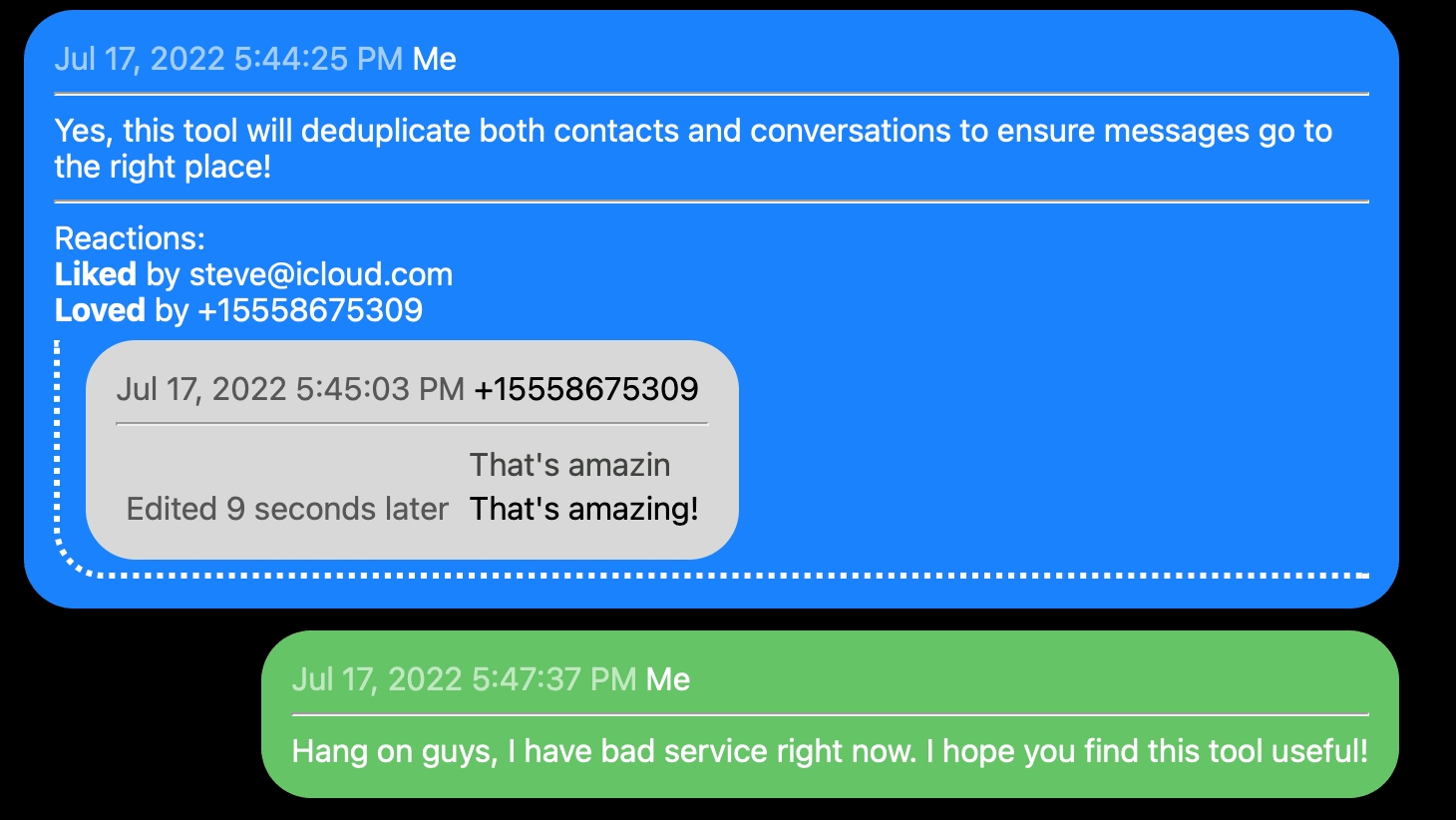 The results of the iMessage-exporter tool showing both iMessages and SMS texts