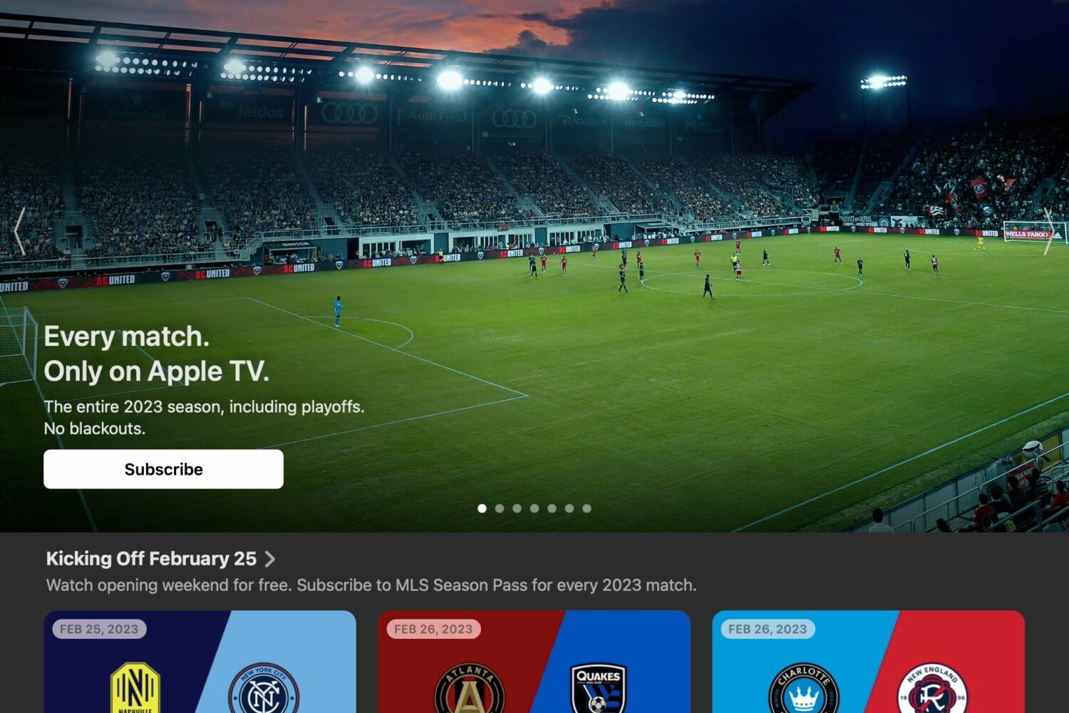 The MLS section in the Apple TV app