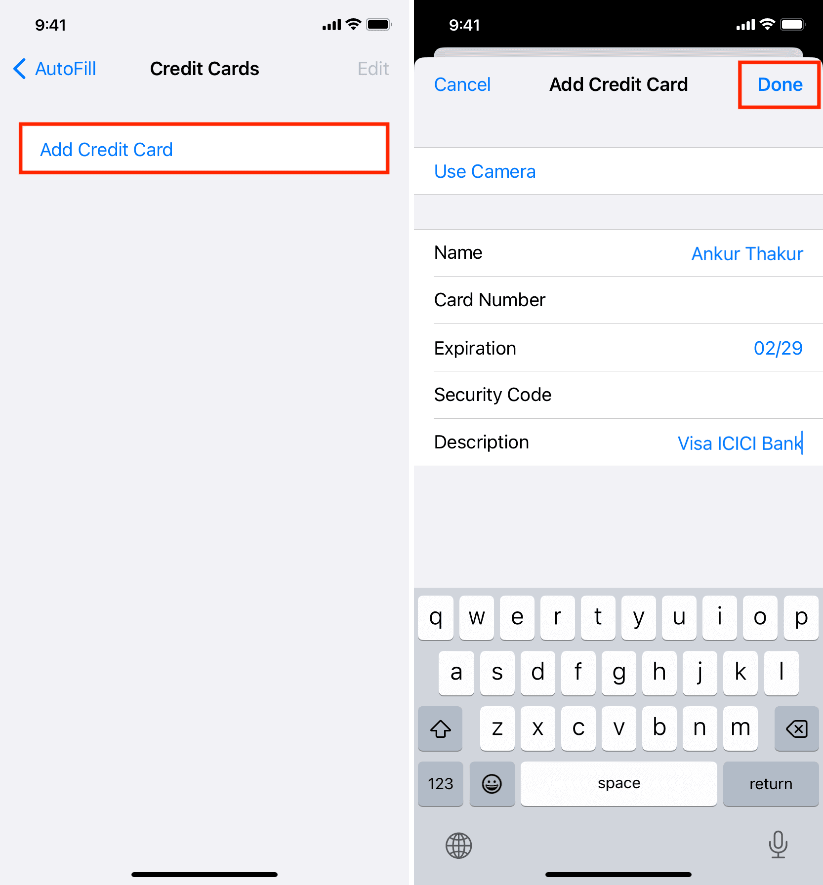 Add Credit Card details on iPhone in Safari settings
