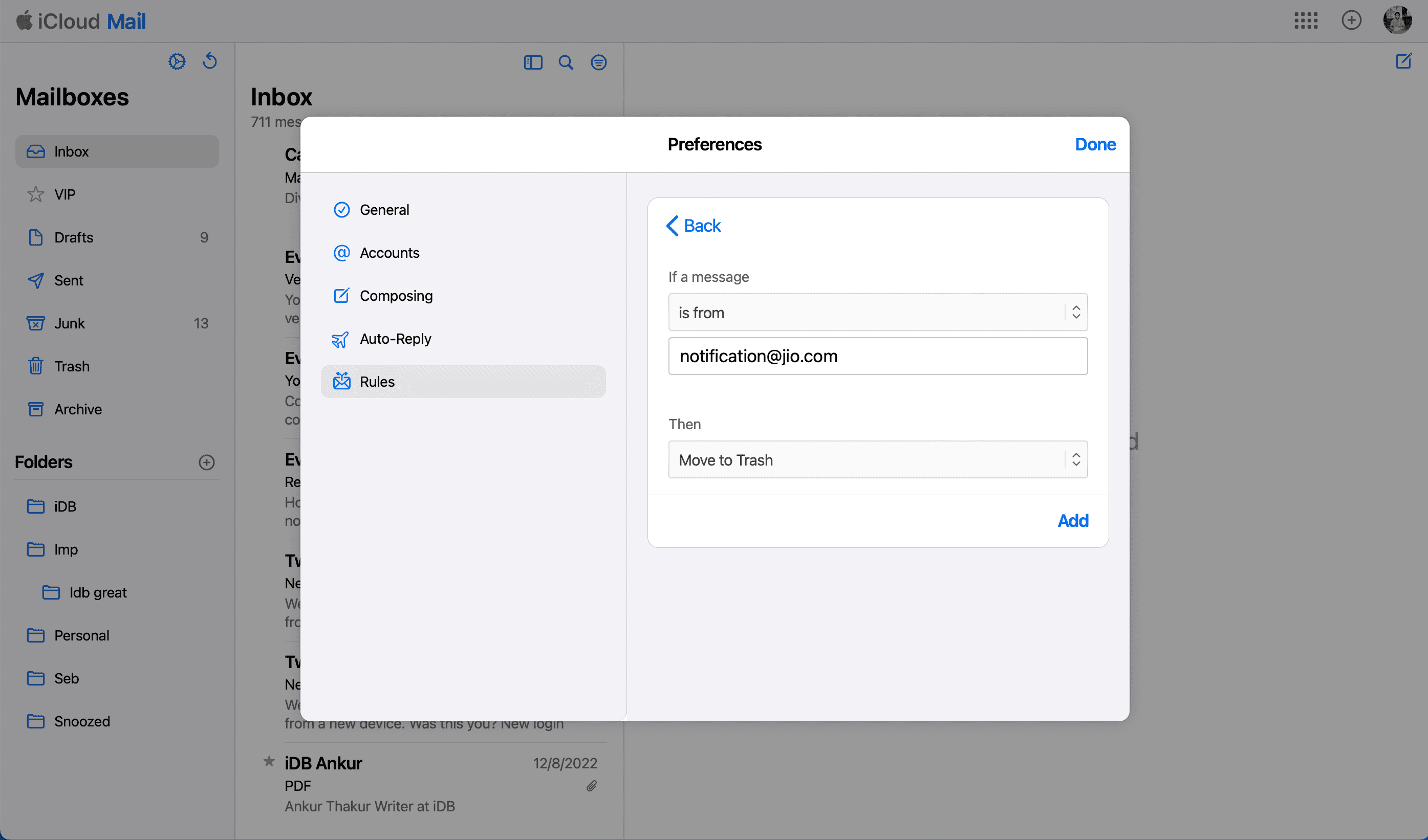 Adding rule to iCloud Mail on web