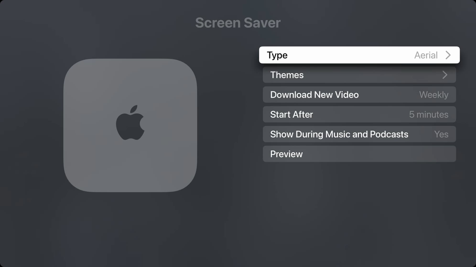 Aerial screen saver settings on Apple TV