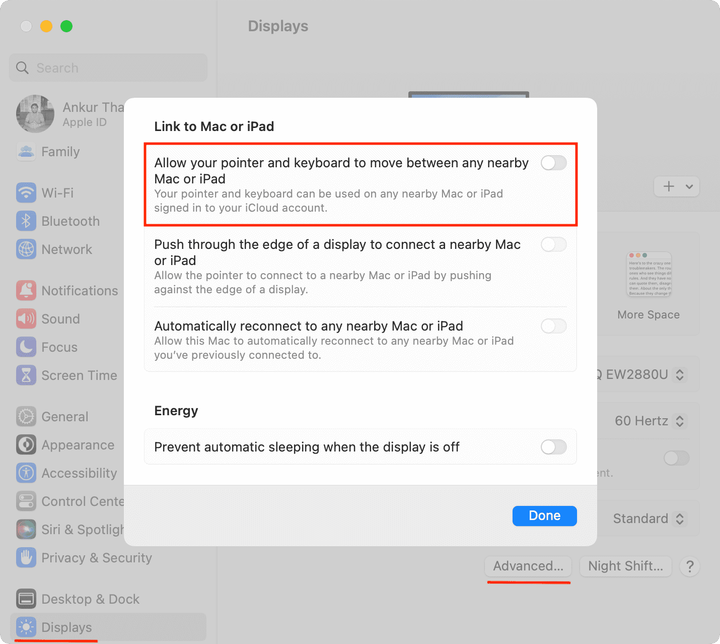 Allow your pointer and keyboard to move between any nearby Mac or iPad in Mac settings