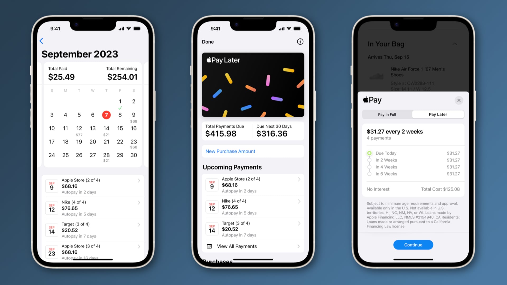 Three screenshots showcasing the main features of Apple Pay Later on iPhone