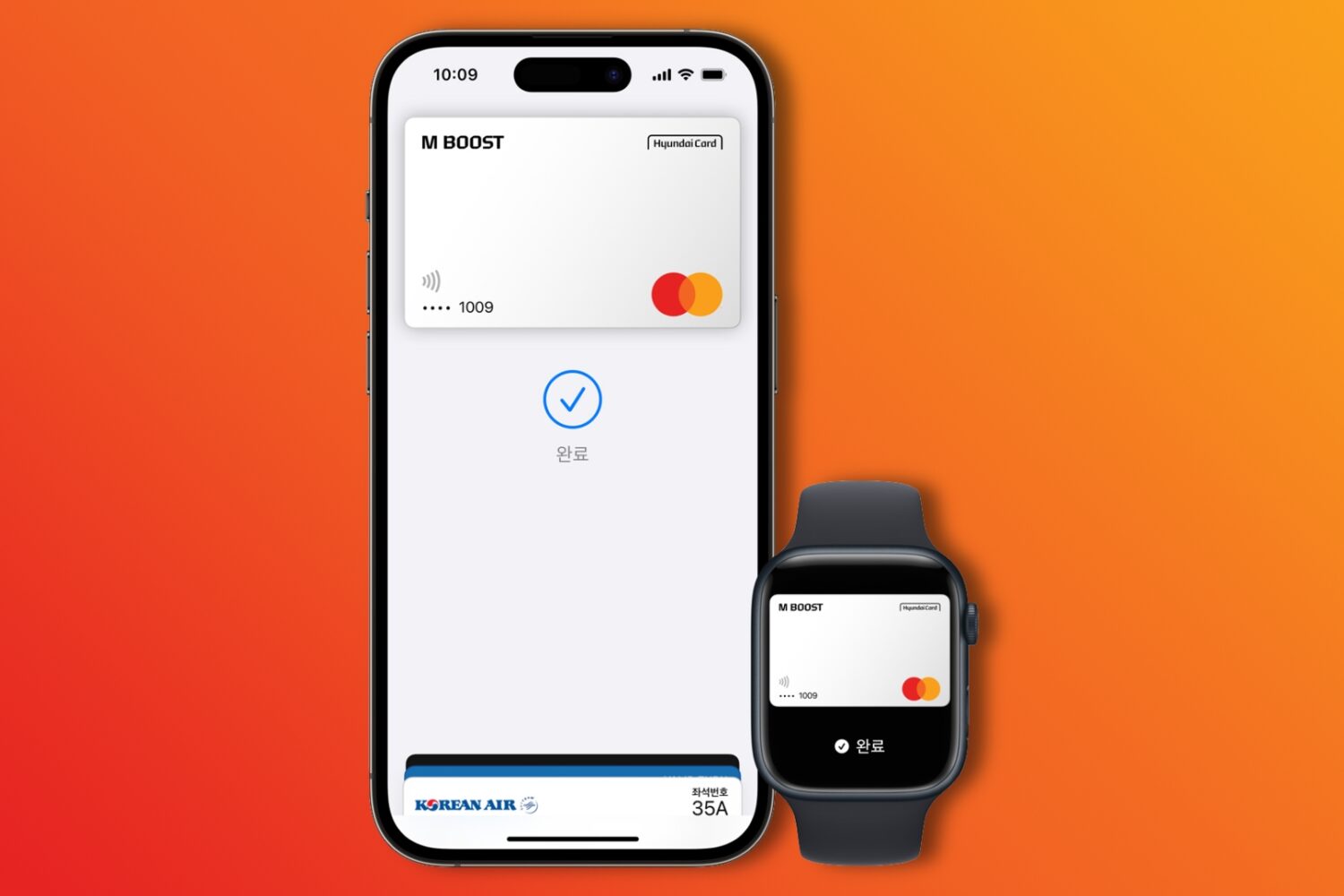 Apple Pay running on iPhone and Apple Watch, set against a color gradient background
