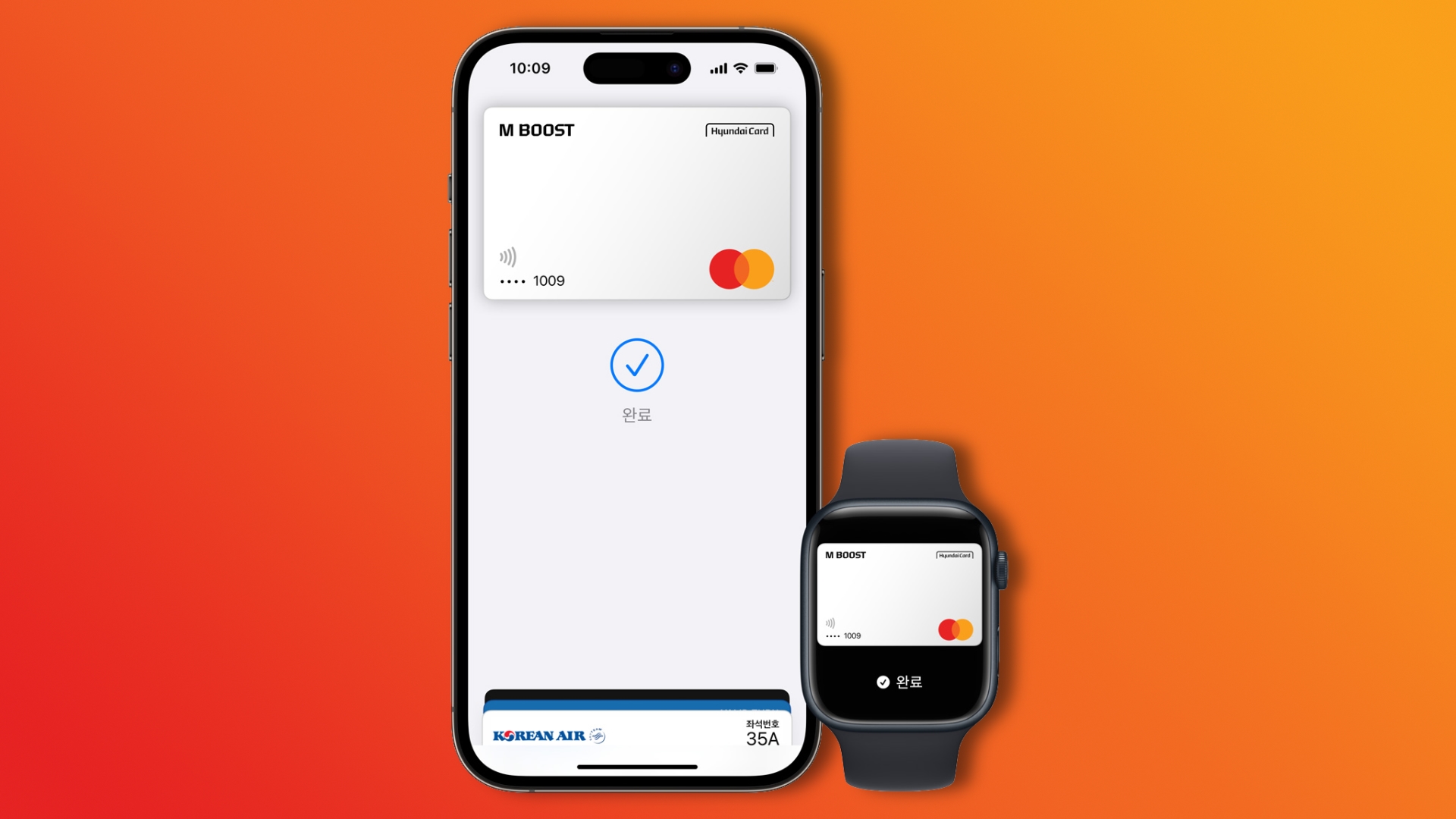 Apple Pay running on iPhone and Apple Watch, set against a color gradient background 