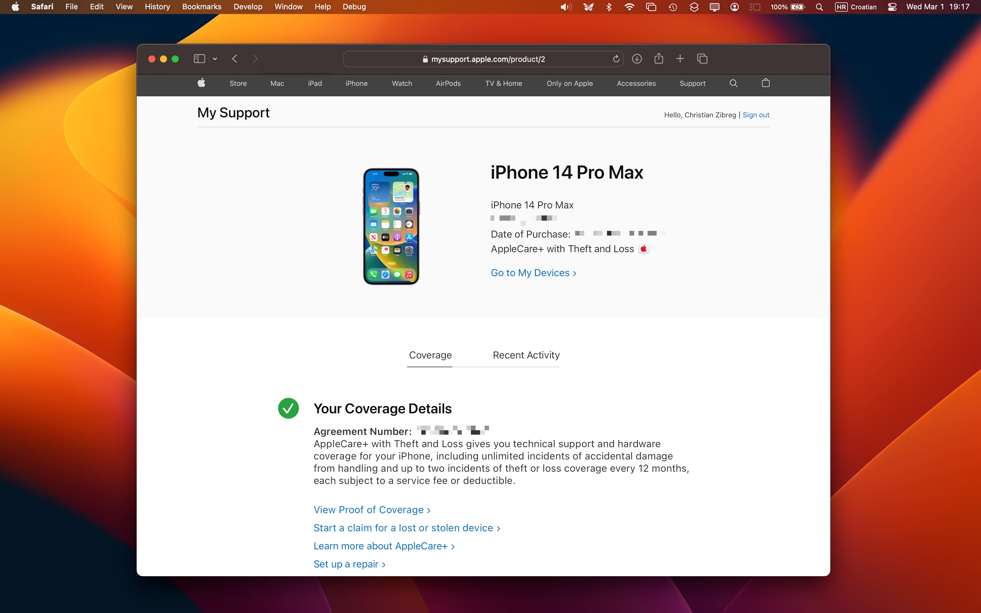 Viewing detailed AppleCare+ coverage information for iPhone 14 Pro Max on the My Support website