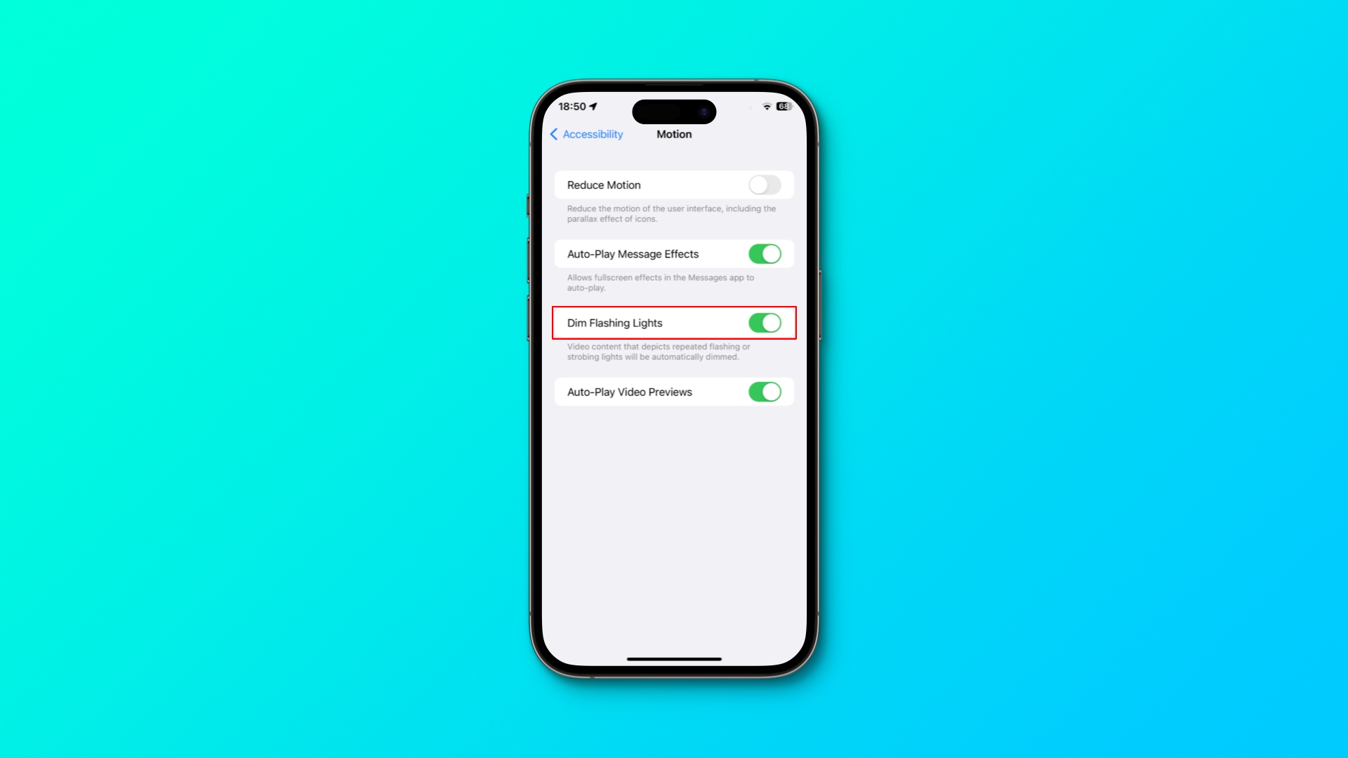 iPhone displaying the Dim Flashing Lights accessibility setting in iOS 16.4