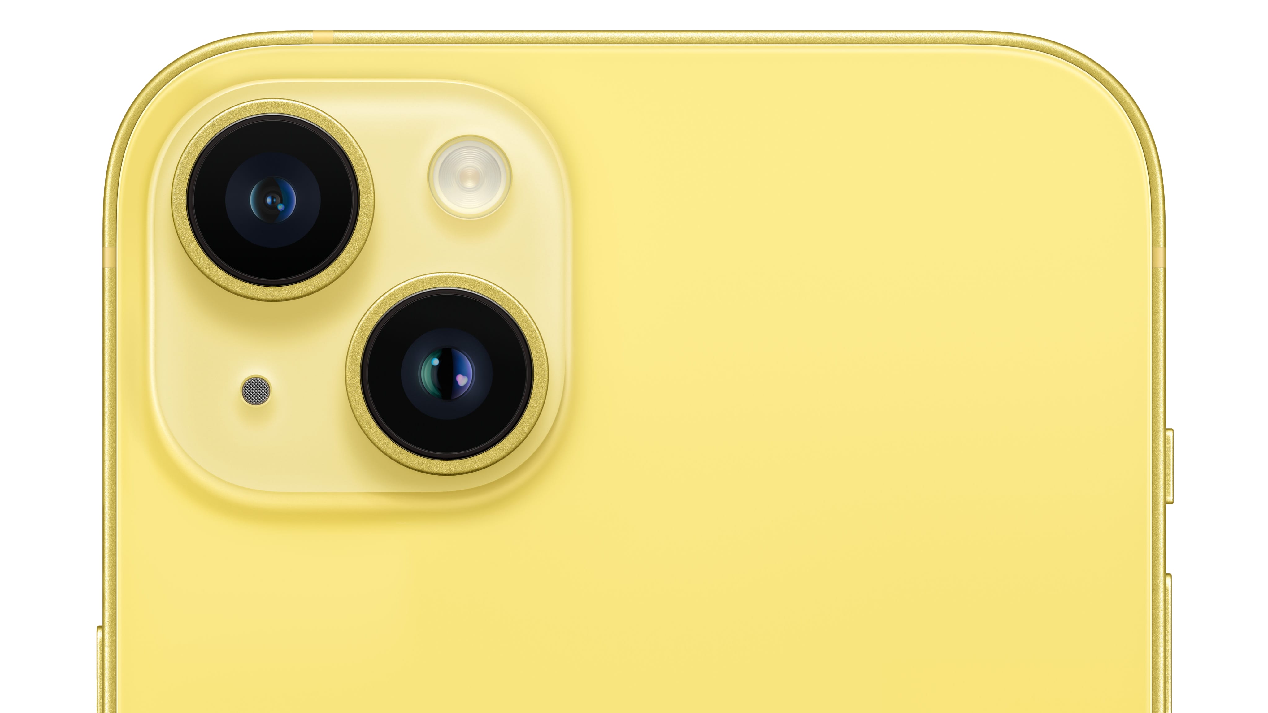 The dual rear cameras on a yellow iPhone 14 Plus