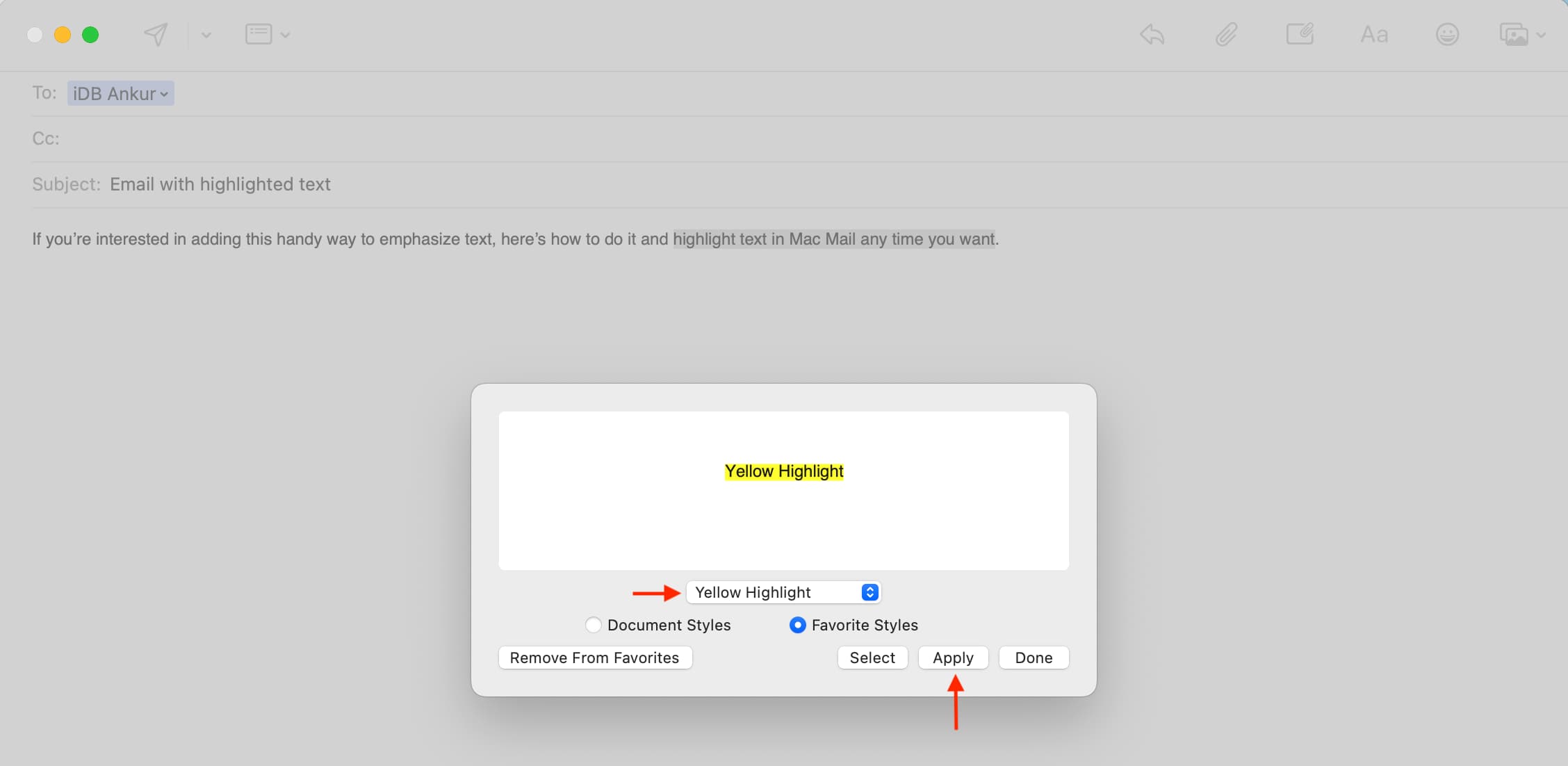 Apply highlighted text style to email on Mac