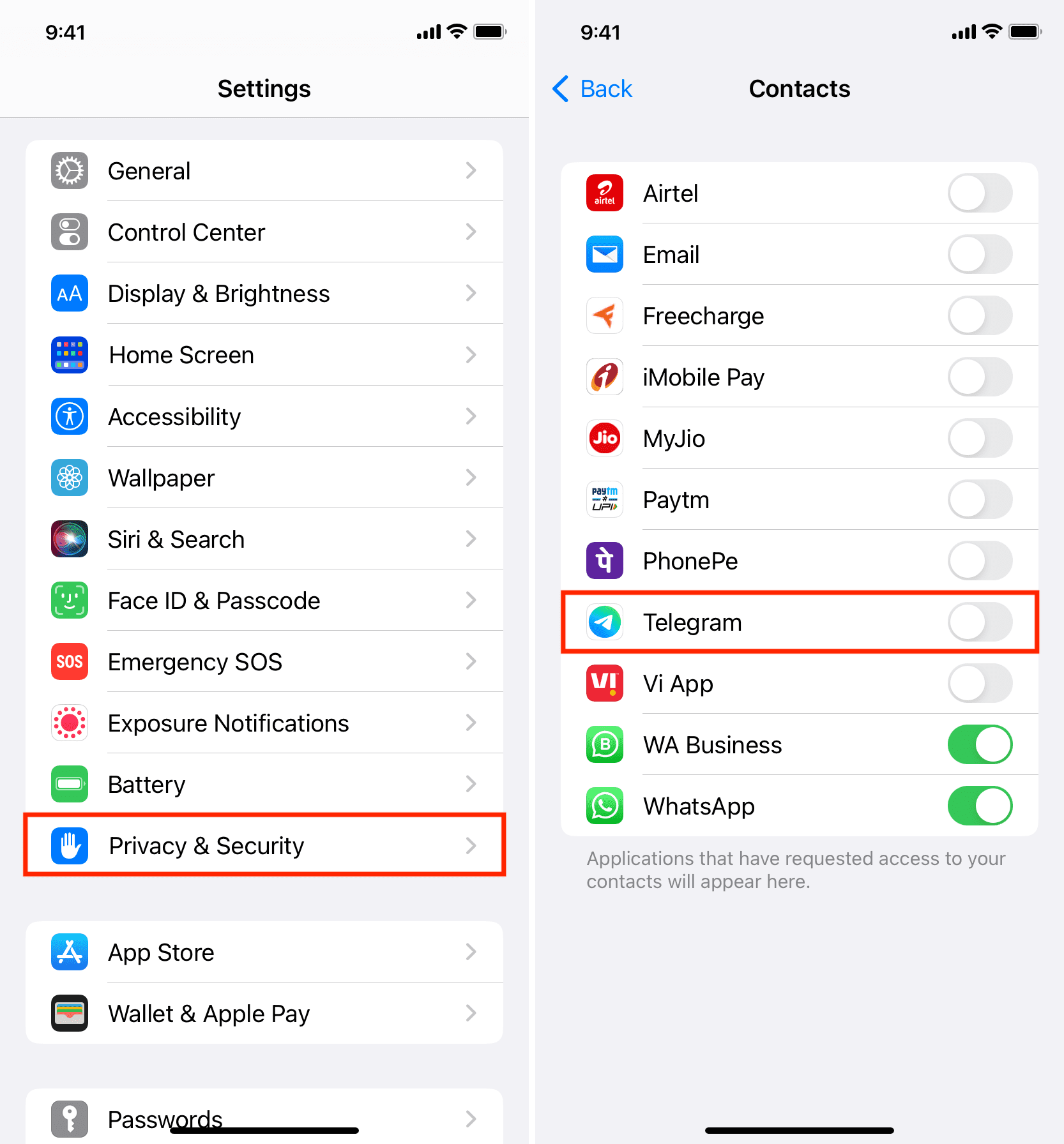 Block contacts access for Telegram on iPhone