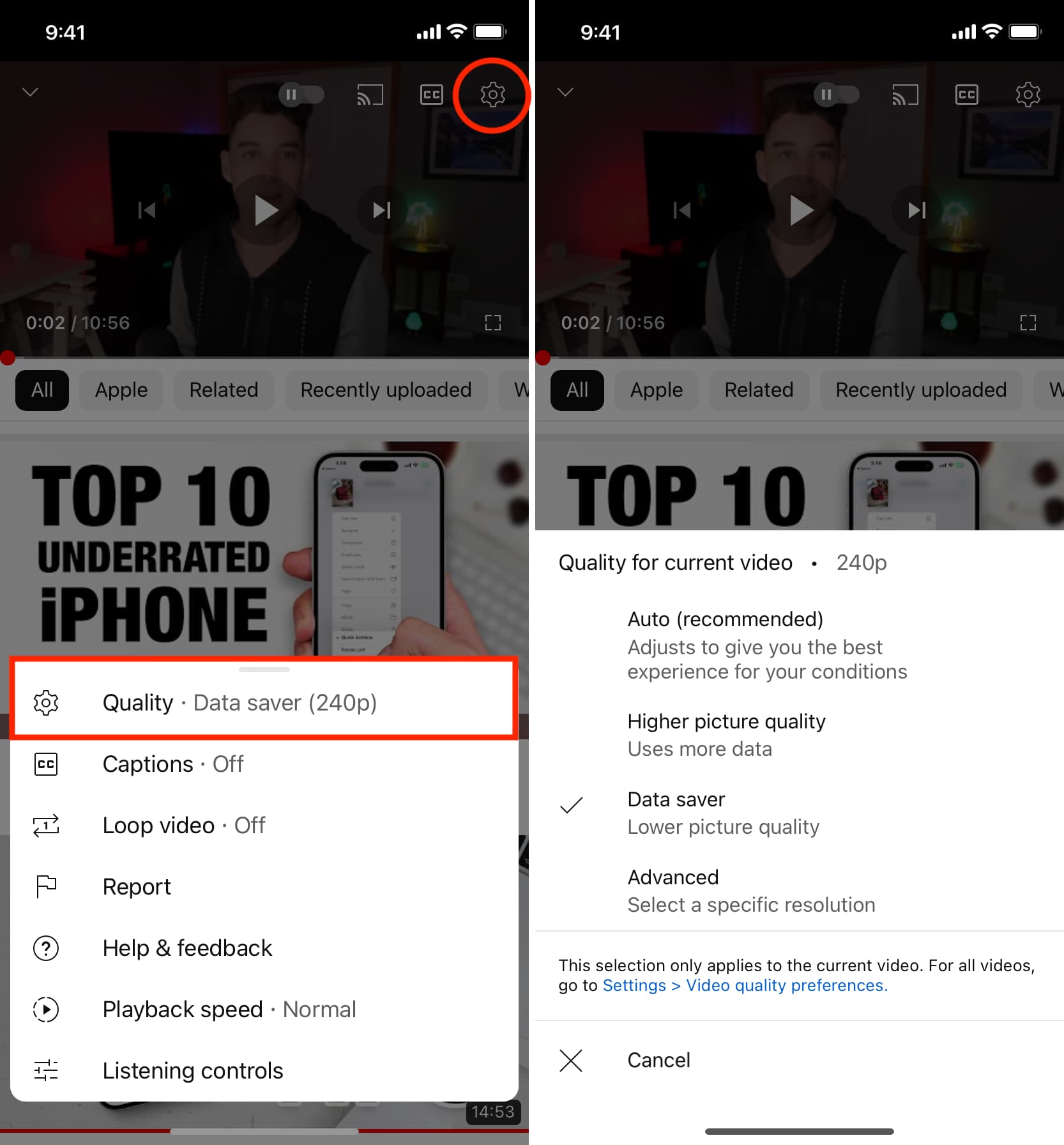 Change YouTube video quality on the now playing screen