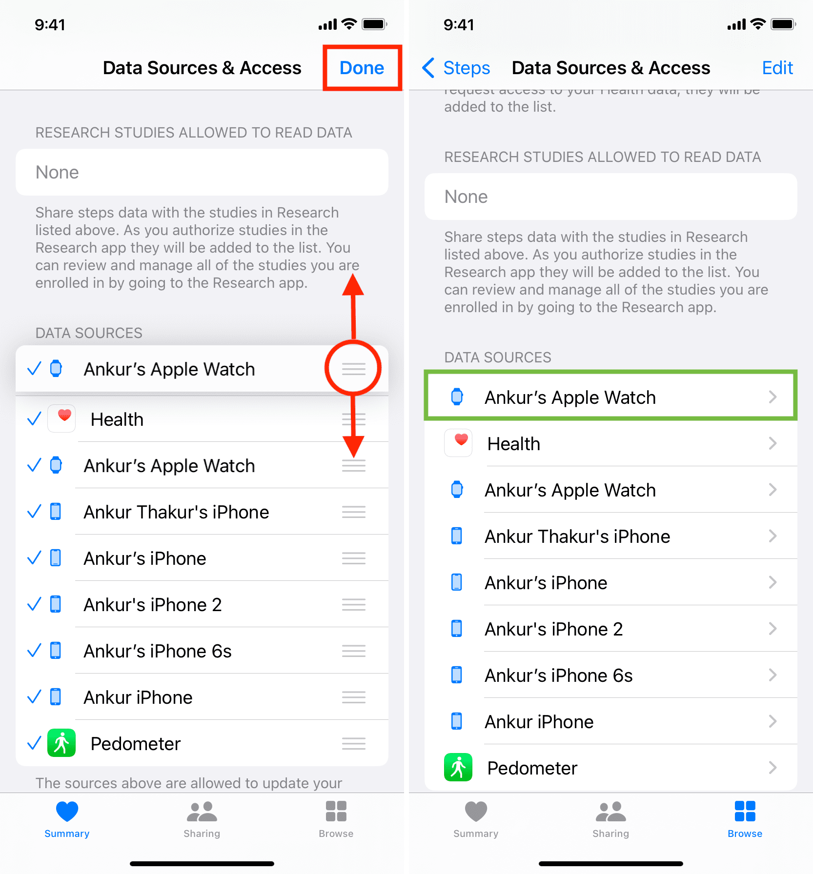 Change order of data sources in iPhone Health