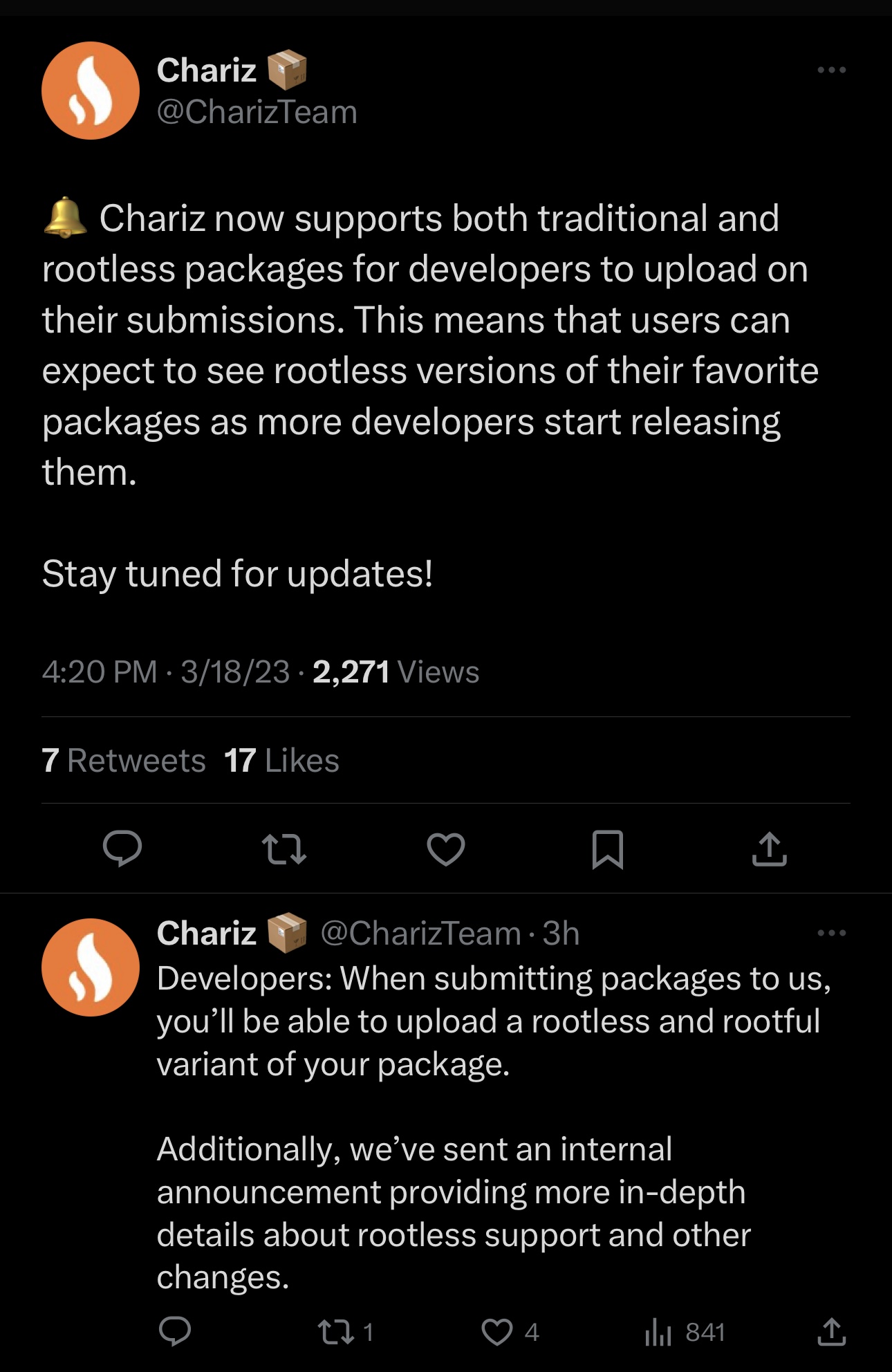 Chariz repository announced that it would begin accepting rootless packages.