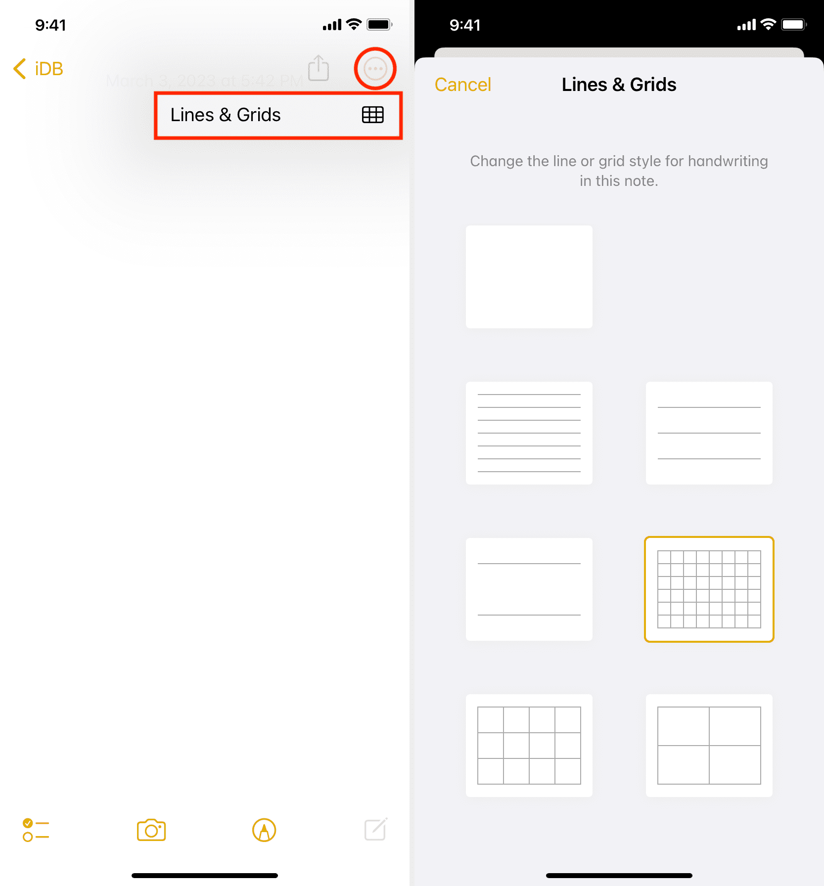 Choose lines or grid from inside iPhone Notes app