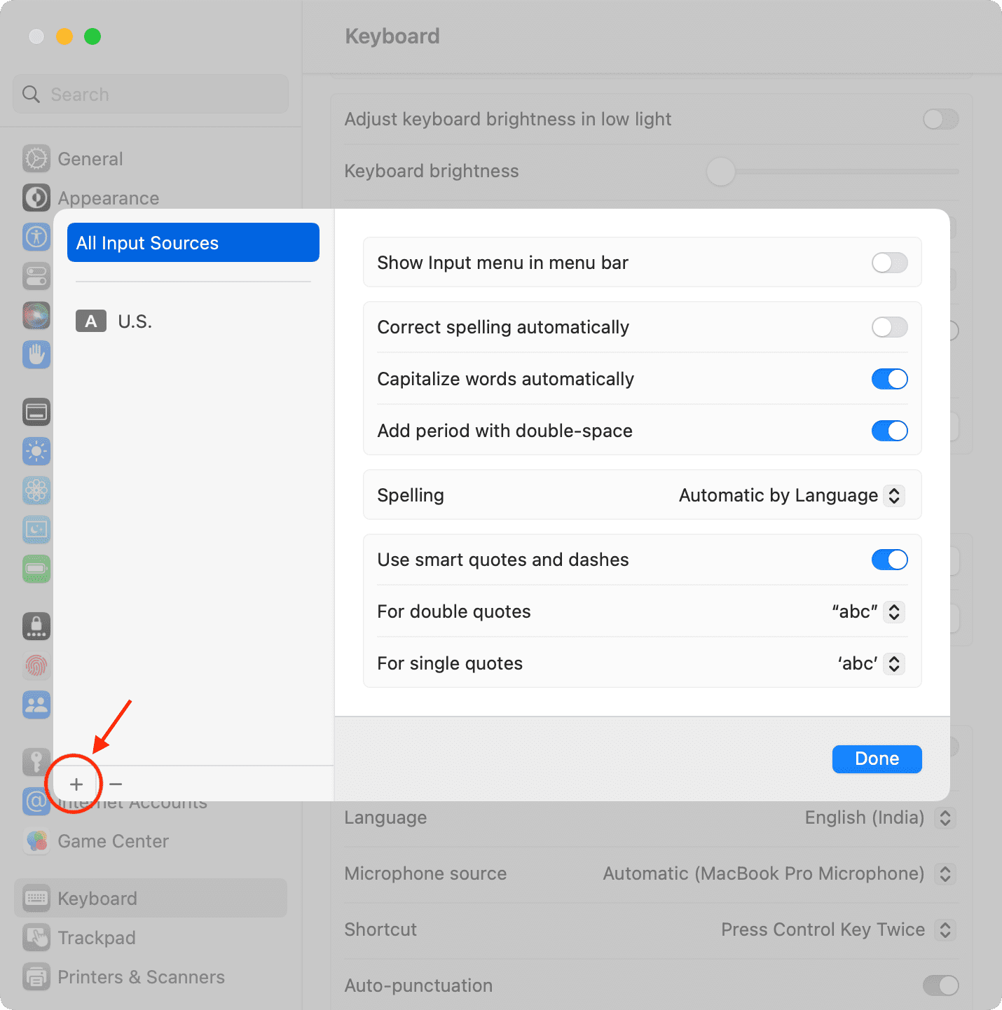 Click plus button to add new keyboard on Mac