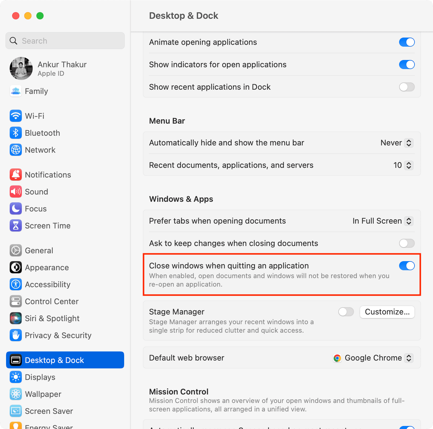 Close windows when quitting an application setting in macOS Ventura