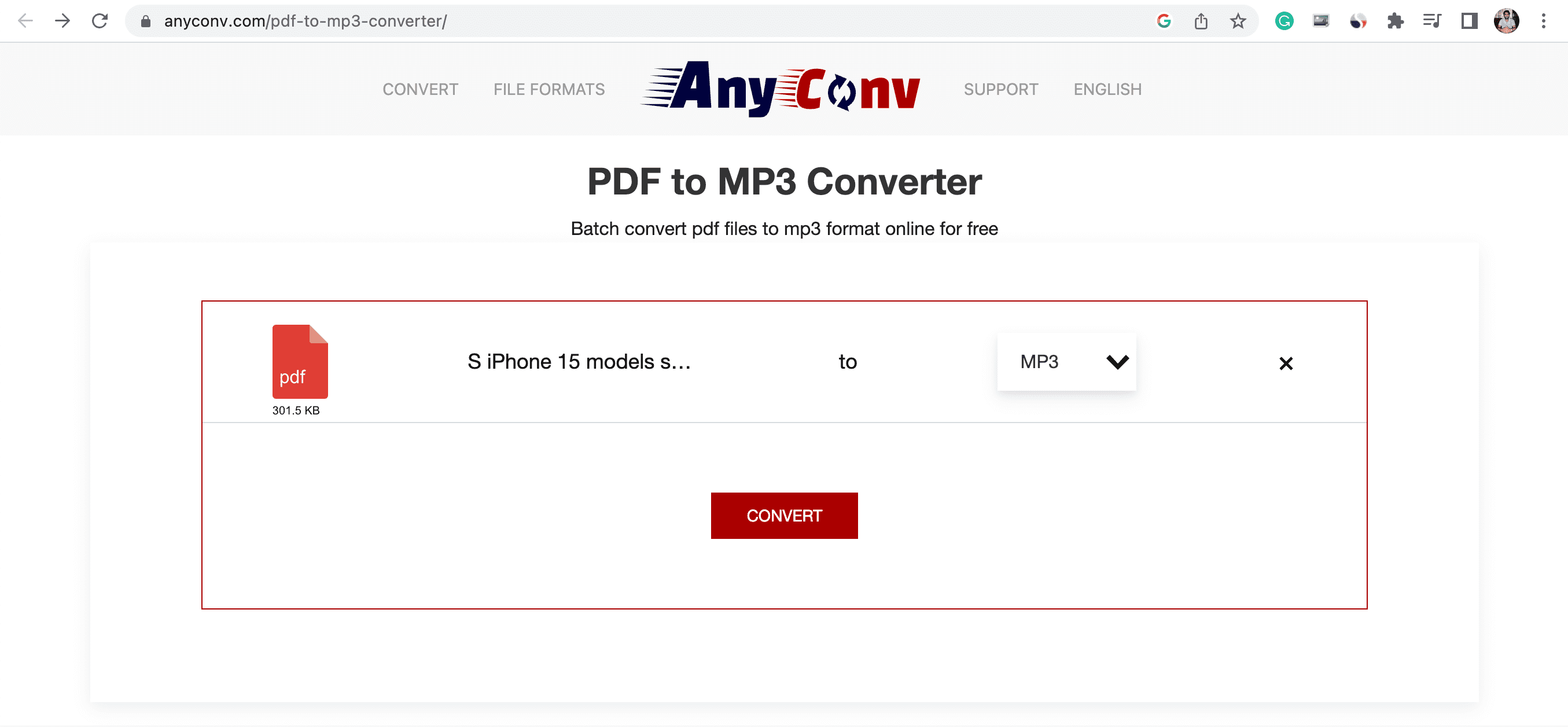 Convert PDF to mp3 using Any Conv