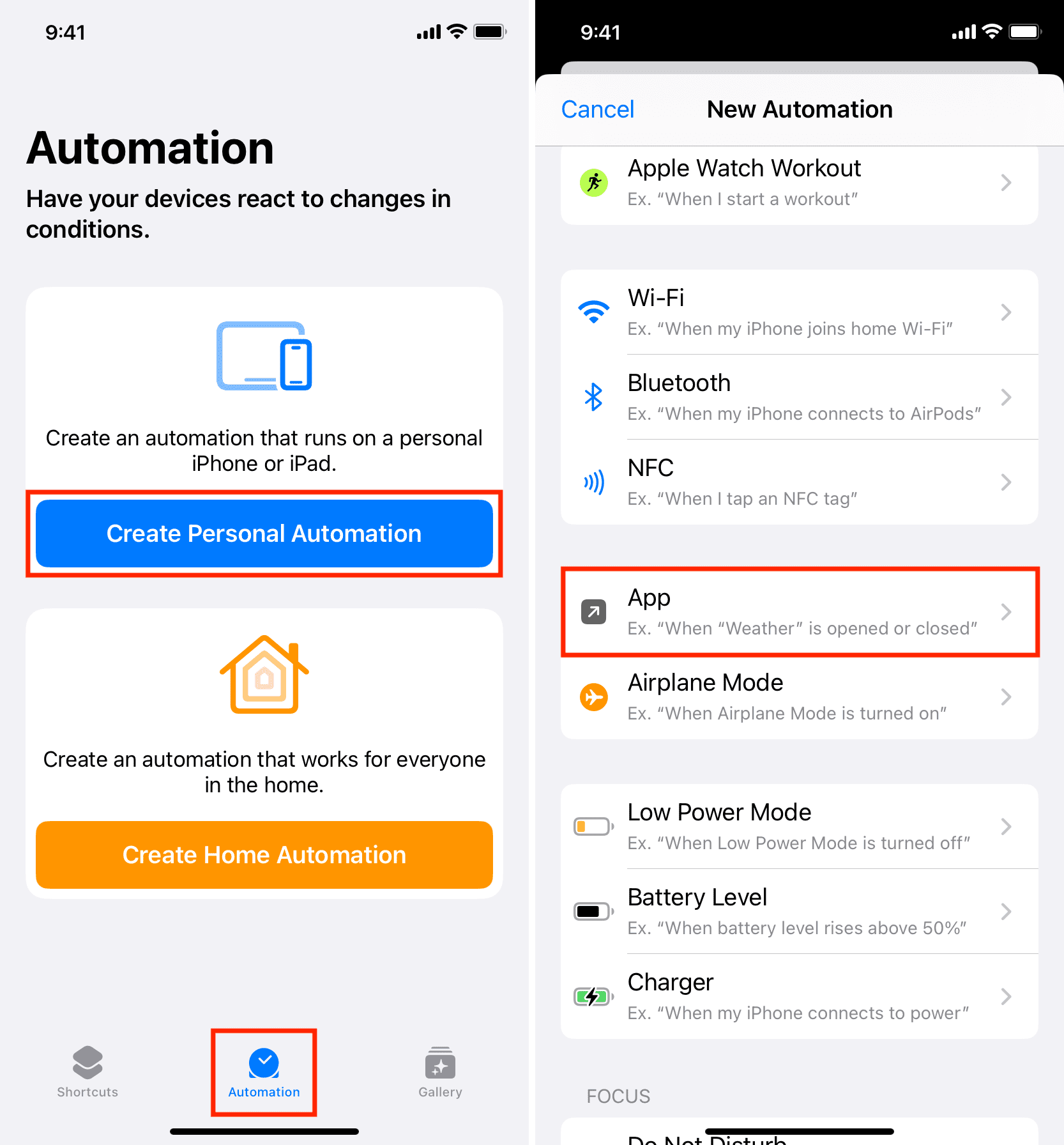 Create Personal Automation and choose App in iPhone Shortcuts app
