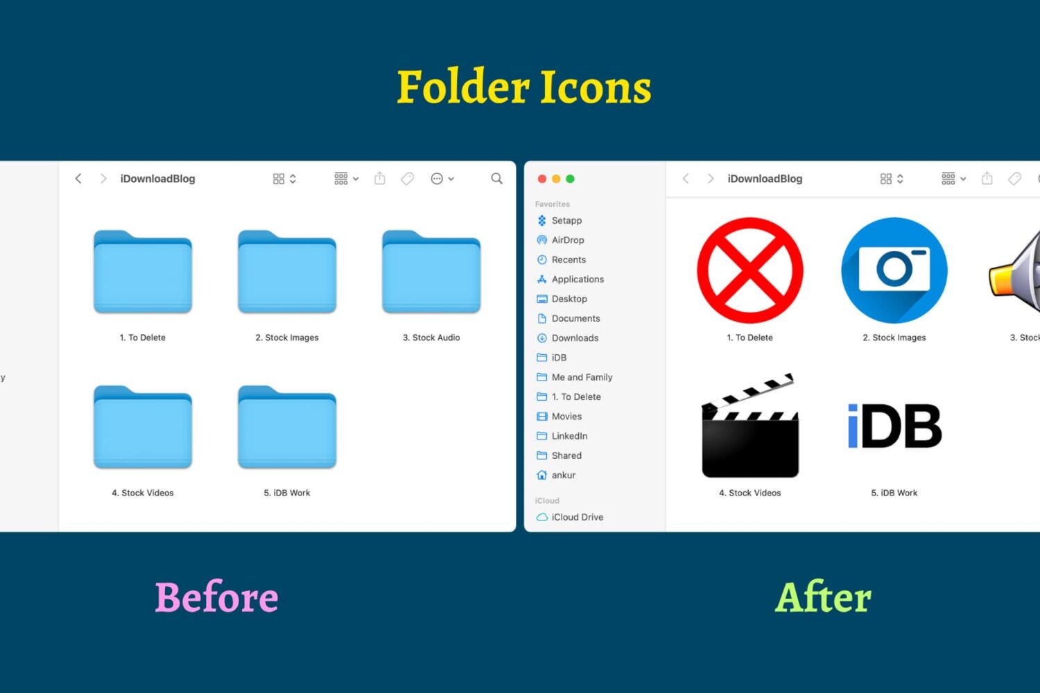 Two Mac Finder screenshots, with one showing stock blue folder icons and the other showing customized folder icons