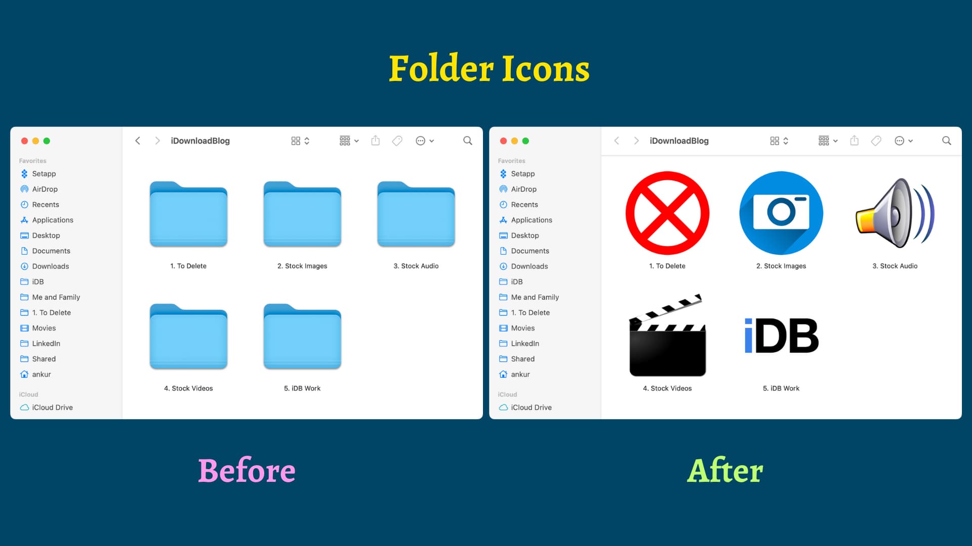 Two Mac Finder screenshots, with one showing stock blue folder icons and the other showing customized folder icons