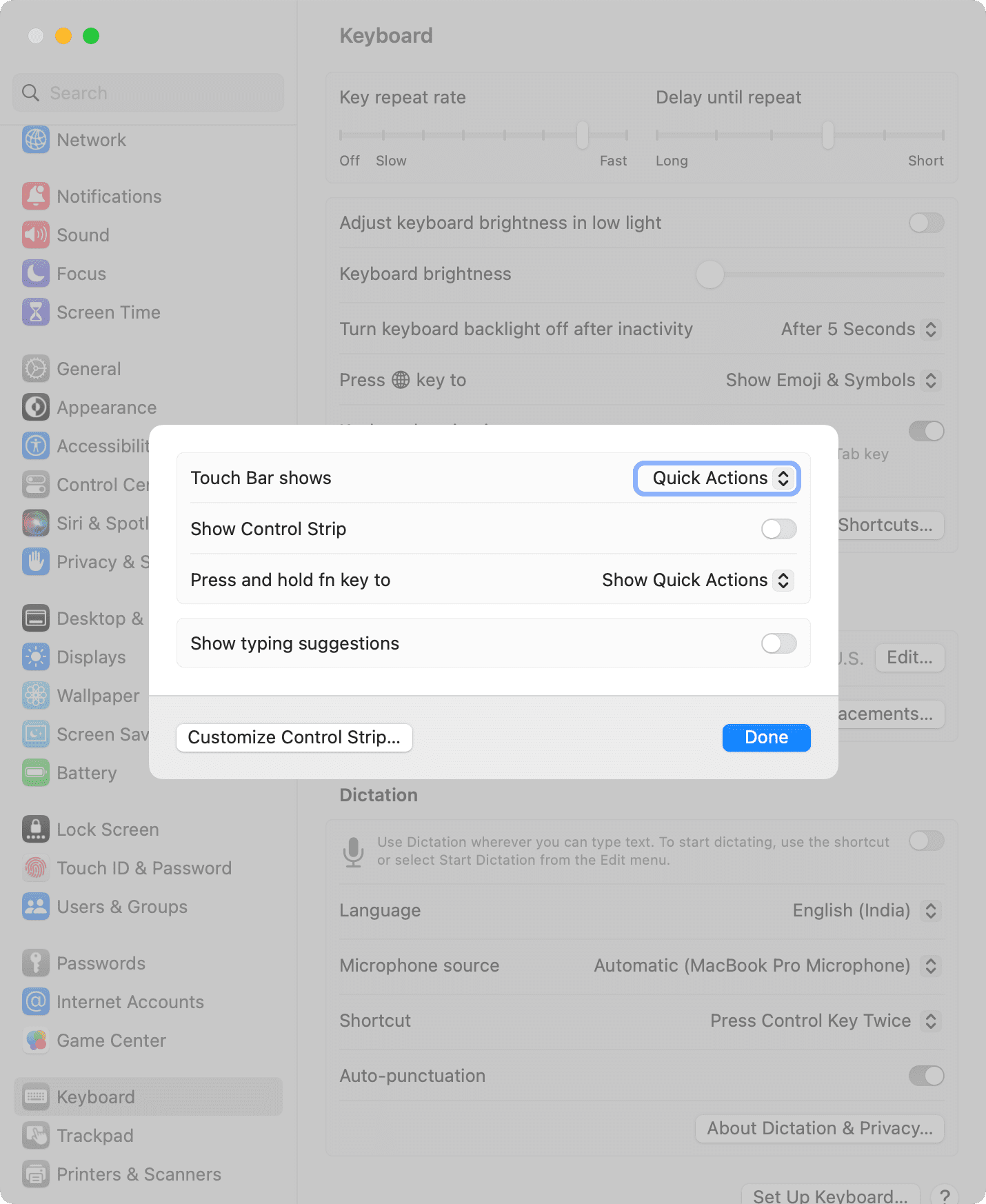 Disable MacBook Touch Bar by setting it to show Quick Actions